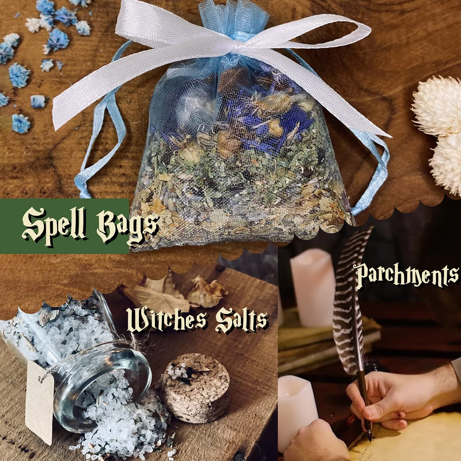 Hexenbastel-Starter-Set 63-teilig Kristalle Kräuter Zauberkerzen Charmtüten Ritual Hexensalz für Wicca-Altar