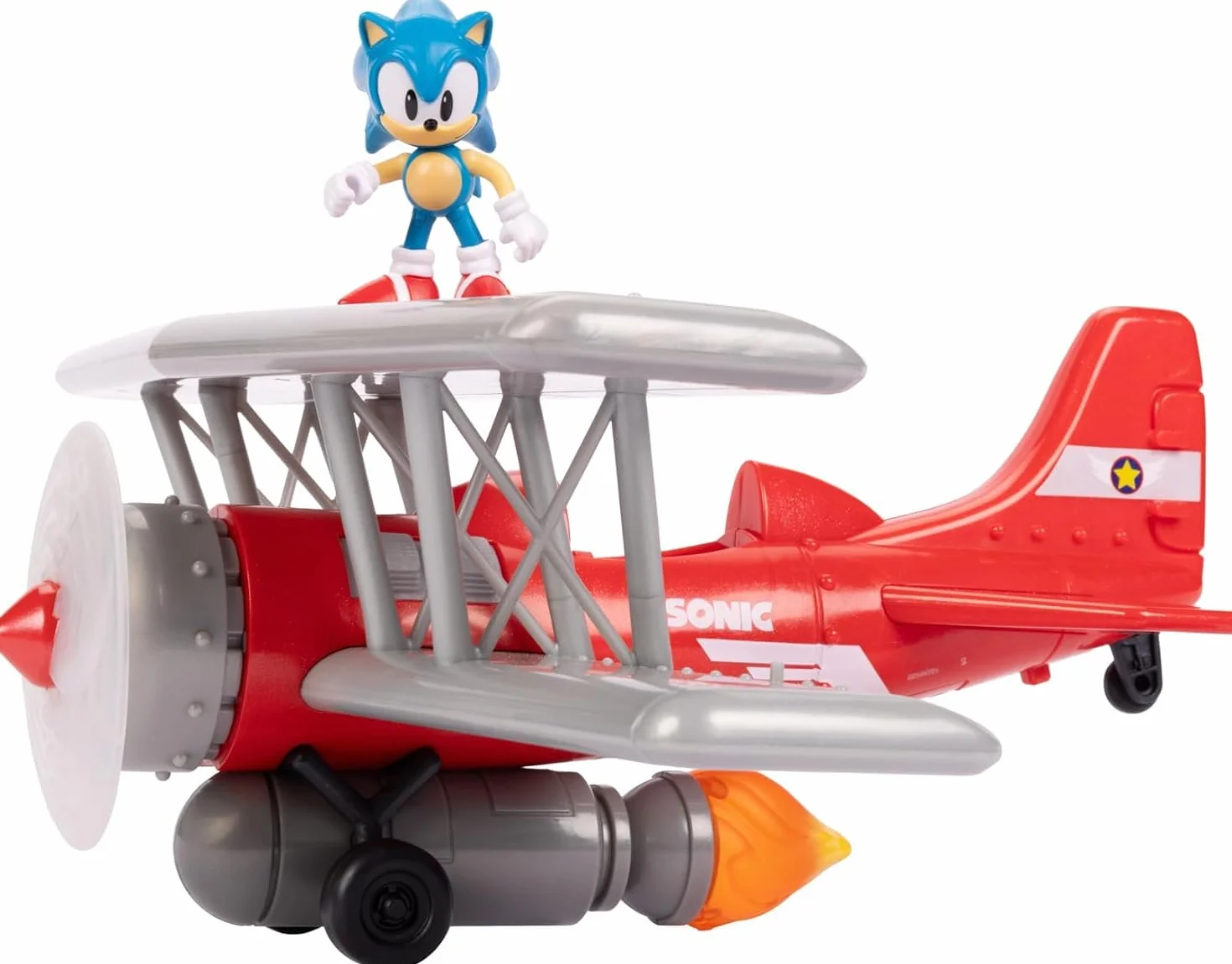 Sonic The Hedgehog Zestaw do zabawy dwupłatowcem Tornado firmy JAKKS Pacific, zawiera 6 cm soniczną figurkę, obracające się śmigło, świecący płomień, 6 efektów dźwiękowych, dynamiczna gra oparta na