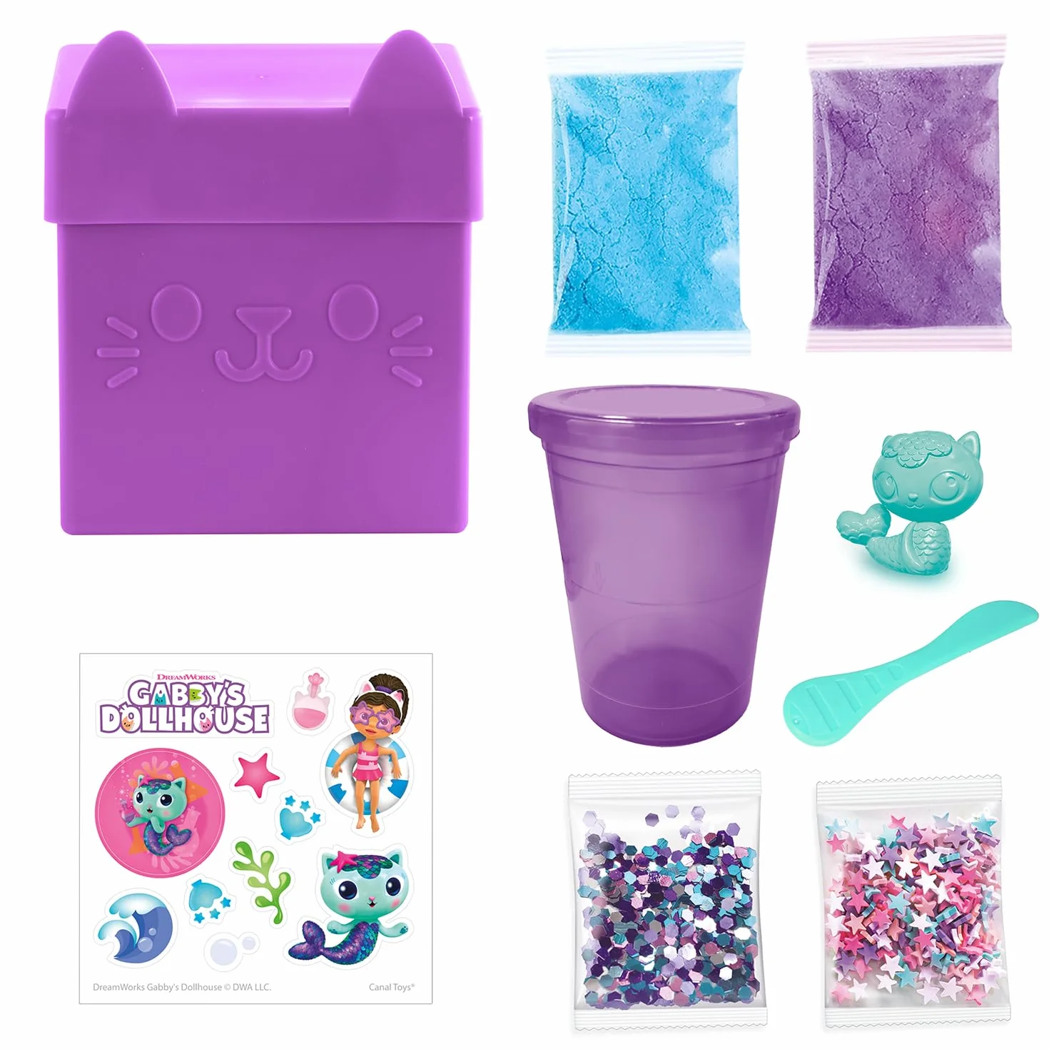 Canal Toys - Dom dla lalek Gabby - Pudełko Slime z niespodziankami od Gabby - Zestaw z 2 Slimami, naklejkami, figurką i niespodziankami - Dobry prezent lub niespodzianka - Gabby's Dollhouse Mystery