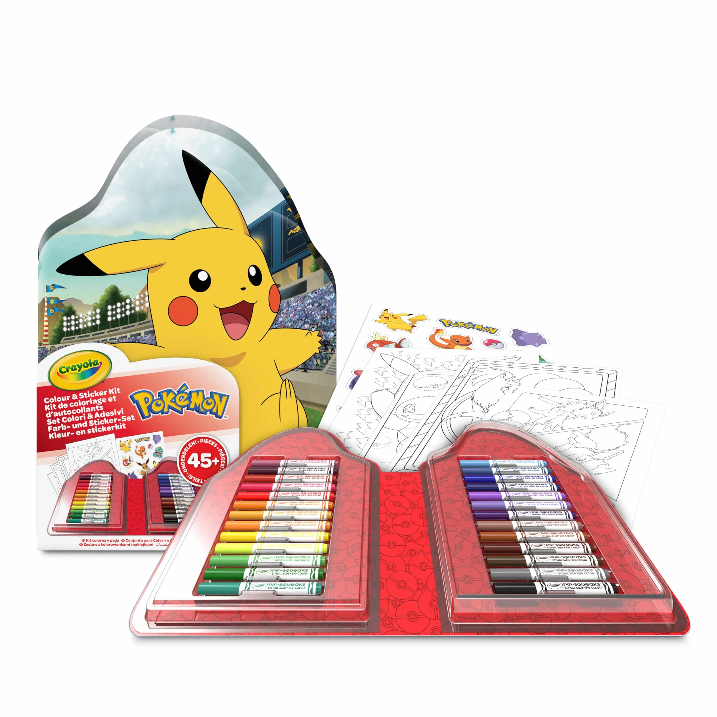 Crayola - Walizka artystyczna z naklejkami Pokemonów, zestaw zawierający flamastry, strony do kolorowania, naklejki, 45 elementów, kreatywny prezent dla dzieci od lat 5, 04-0785