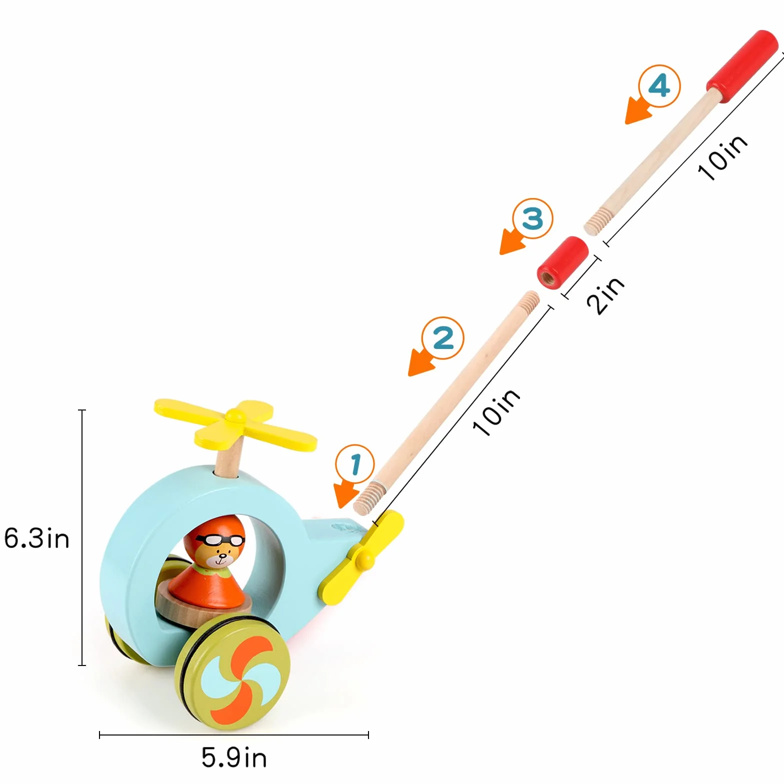 Jacootoys Drewniany Push Pull Wzdłuż Dziecka Chodzenie Helikopter Gracz Dzieci Zabawka ze zdejmowanym kijem 24 cale