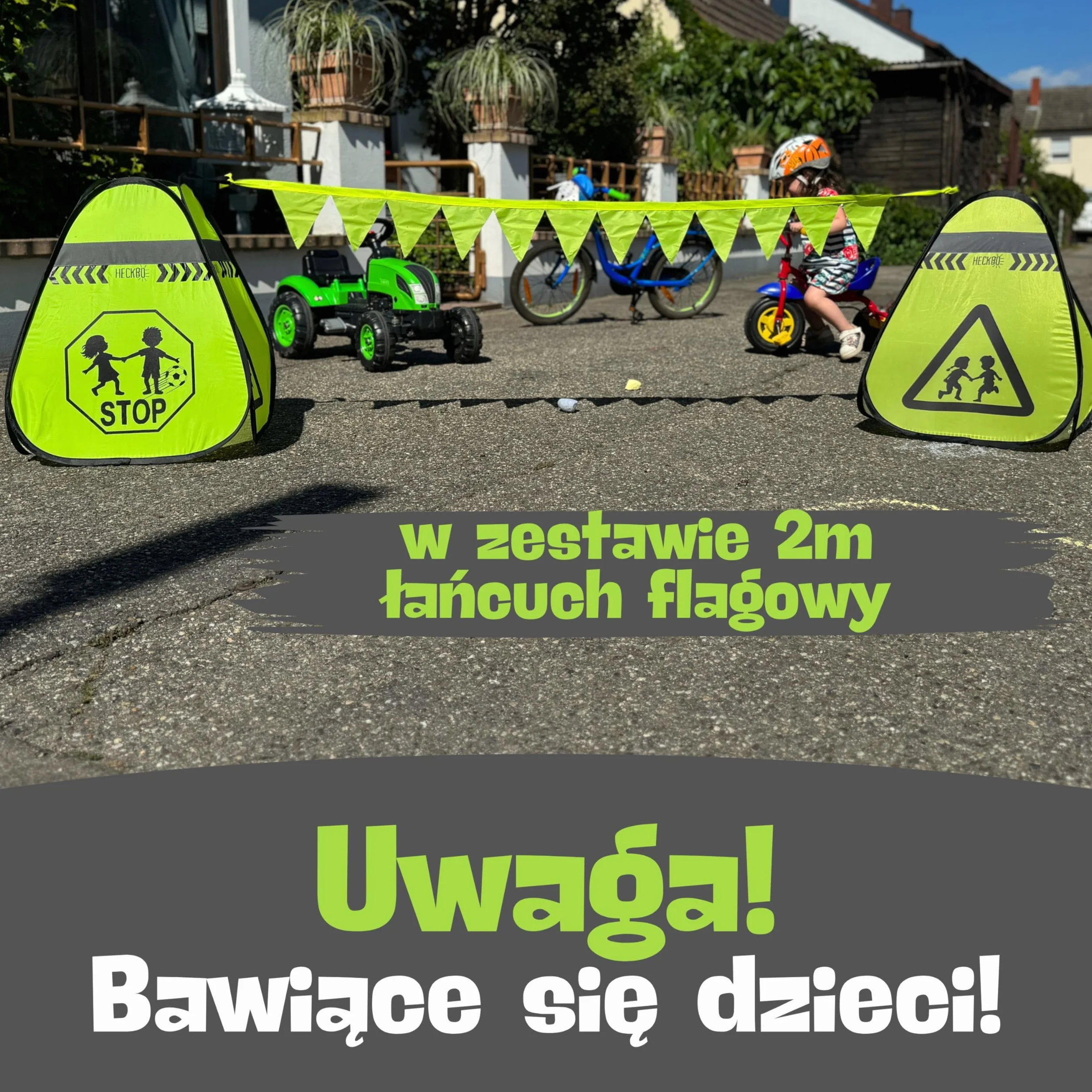 HECKBO 2x Pylony Uwaga Dzieci Znak Pylony do zabawy Pylony + Łańcuch chorągiewek - Pylony uliczne dla dzieci Zestaw bezpieczeństwa dla dzieci