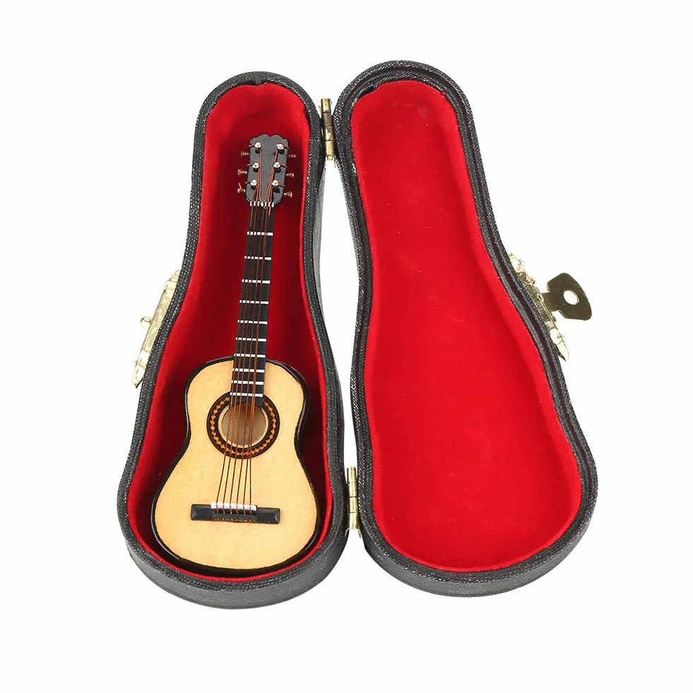 Miniaturowy Model Gitary, Mini Drewniana Gitara Model Instrumentu Muzycznego dla Dzieci Akcesoria do Domku dla Lalek ze Stojakiem i Etui do Dekoracji na Blat 10 Cm