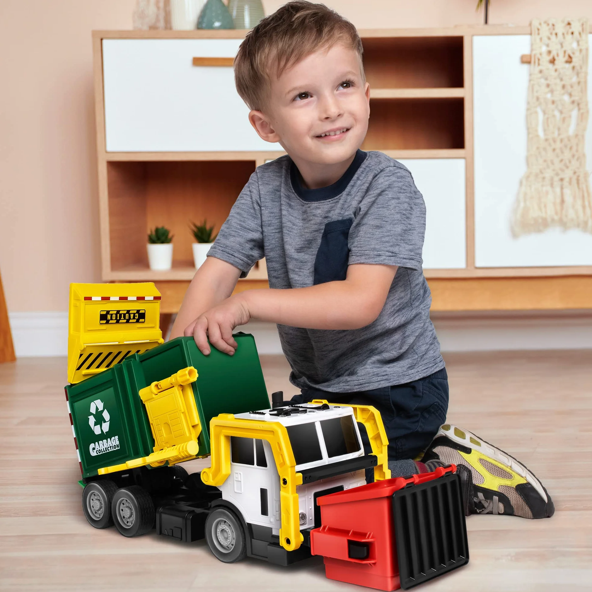 JOYIN Duża ciężarówka na śmieci, 40 cm, zabawka do tarcia, światło i dźwięki, kosz na śmieci ładowany od przodu, 3 boczne kosze na śmieci z 30 kartami na śmieci