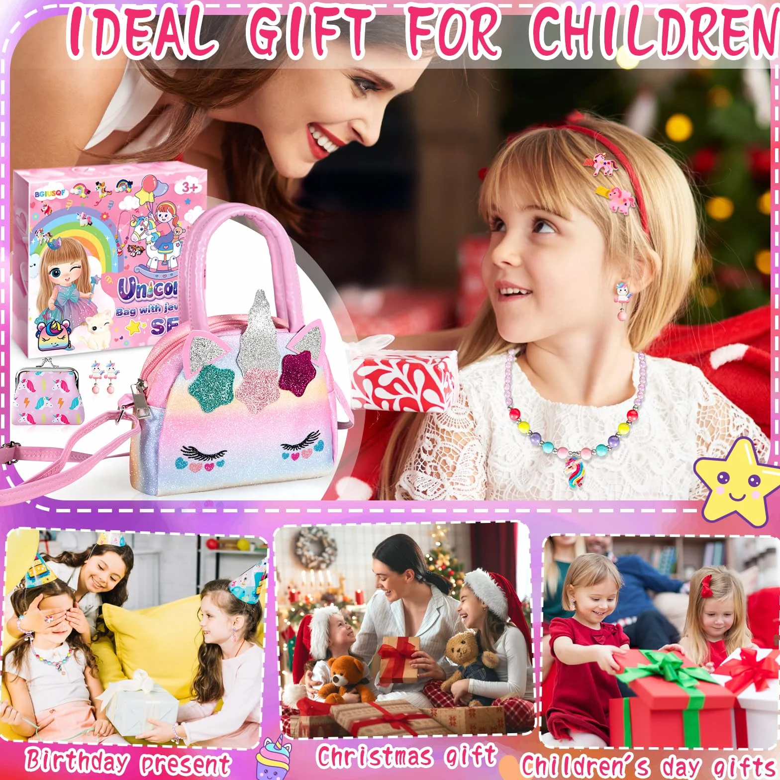 17-częściowy zestaw biżuterii z torebką jednorożca, prezenty z jednorożcem, zestaw biżuterii dla dzieci, torby, naszyjniki