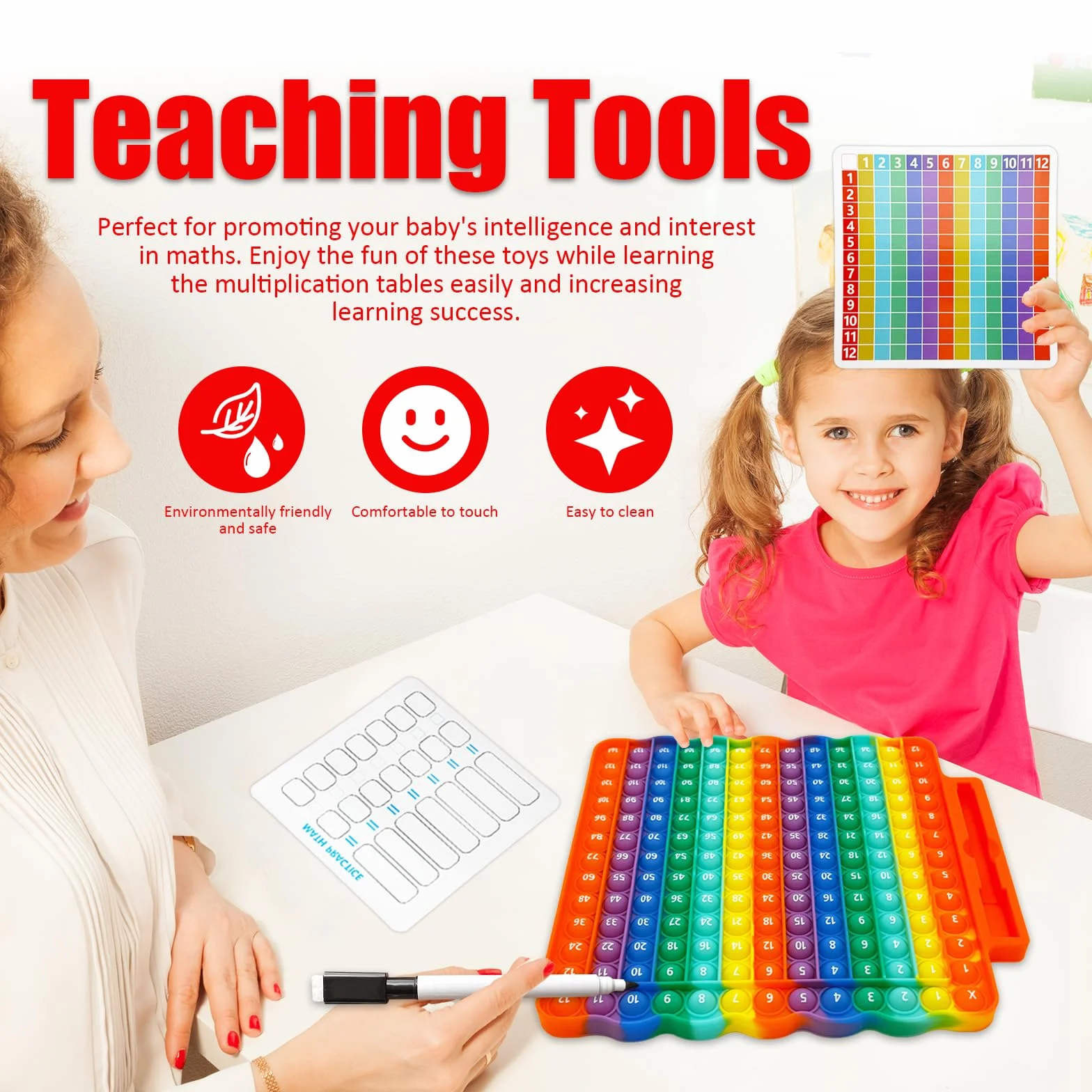 Popit Fidget Toys, Popet Zabawka, Popit Zabawka do Nauki Mnożenia, Zabawki Pop z Kartami Matematycznymi i Wymazywalnymi Długopisami, Zabawki Dla Dzieci i Dorosłych z Autyzmem