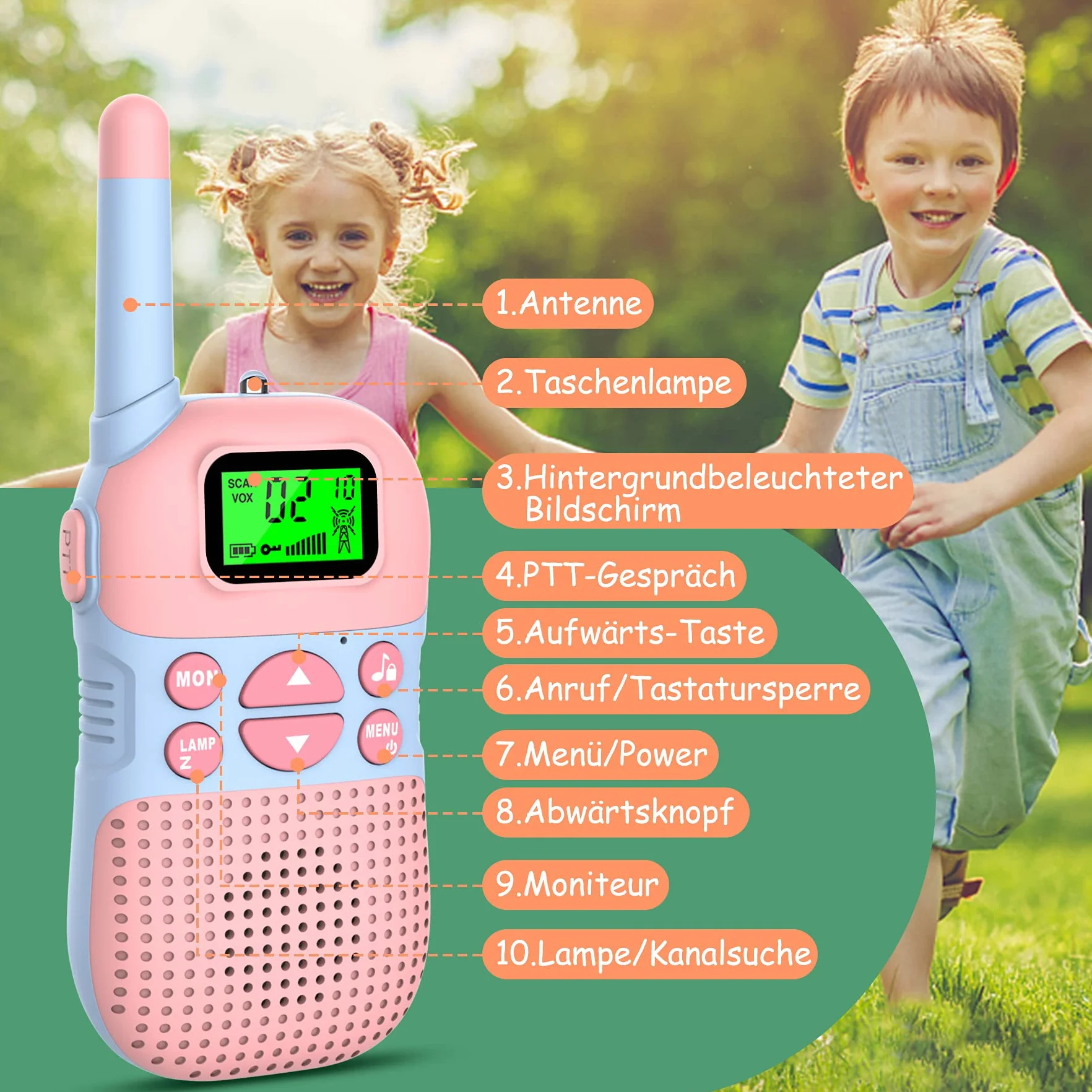 Kidsfun 2×Walkie Talkie dla Dzieci, USB Ładowanie Zabawka na Zewnątrz Walkie Talkie z Latarką, Prezent dla Chłopców i Dziewcząt od 3 Lat, Zasięg 3 Mile na Zakupy, na Zewnątrz, Camping