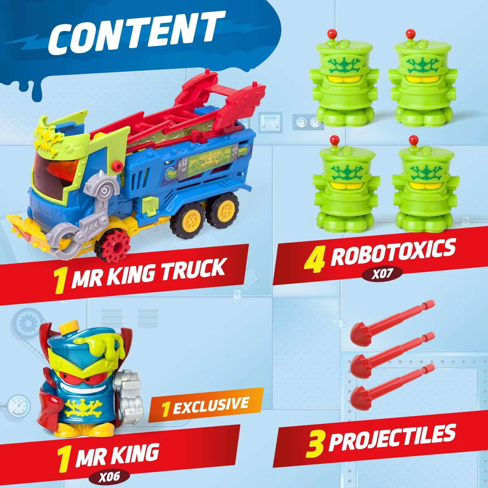 SUPERTHINGS Kazoom Power Mr King Truck — pojazd złoczyńcy z wyrzutnią pocisków, 6 cyfrow: Ekskluzywny Mr King + 4 robotoksyki, zabawka dla dzieci w wieku 3–8 lat