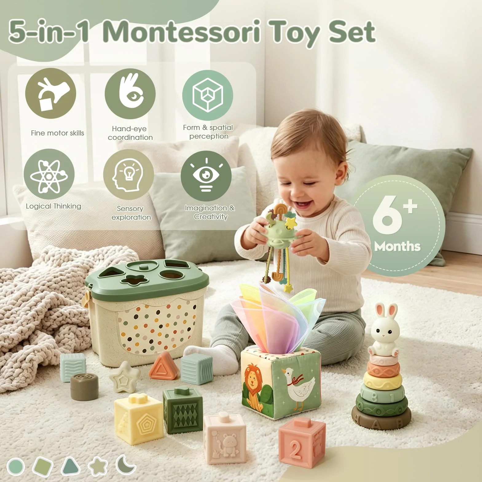 Montessori 5 w 1 zabawka dla dzieci od 6 miesięcy, zabawka do wspierania zdolności motorycznych