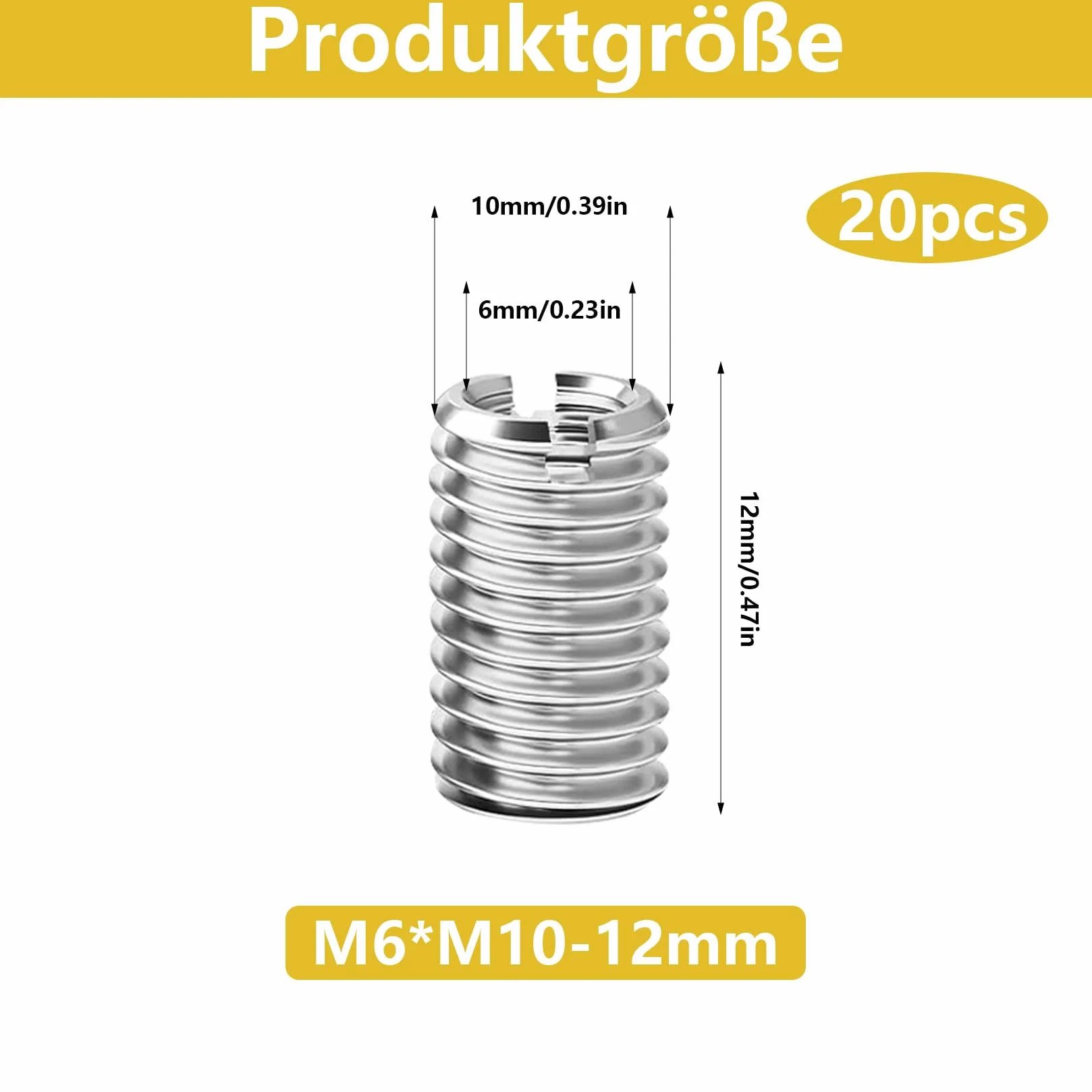 20 sztuk wkładów gwintowanych M10 na M6, wkładka gwintowana 12 mm, szybkogwintowana wkładka 12 mm, nakrętki redukcyjne, nakrętki gwintowane ze stali nierdzewnej, nakrętki gwintowane do naprawy gwintów