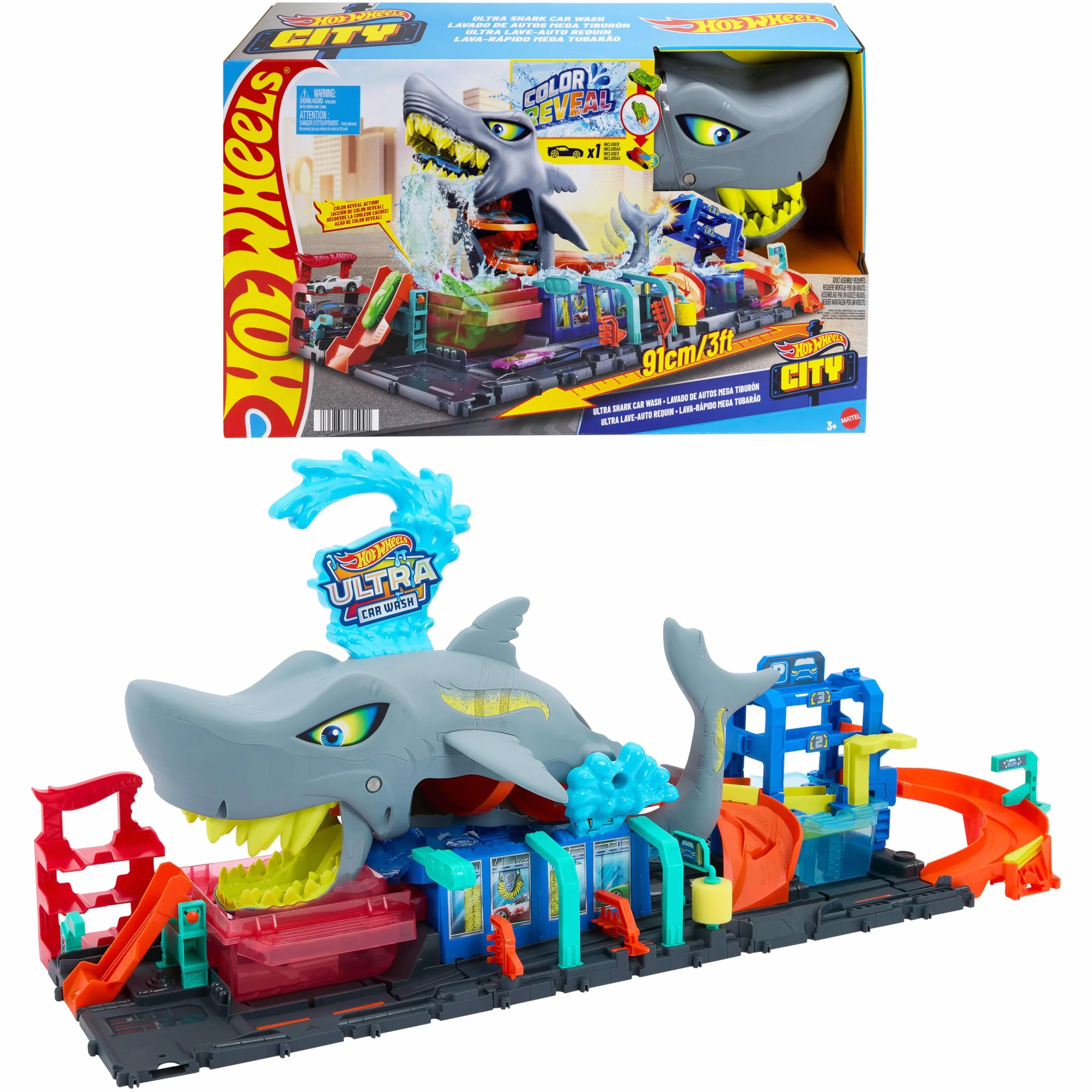 Hot Wheels City Ultra „Let's Race – Na start!” Netflix - Myjnia Rekina Zestaw do zabawy z pojazdem Color Reveal w skali 1:64 i z funkcją zmiany koloru + miejsce do przechowywania, HTN82