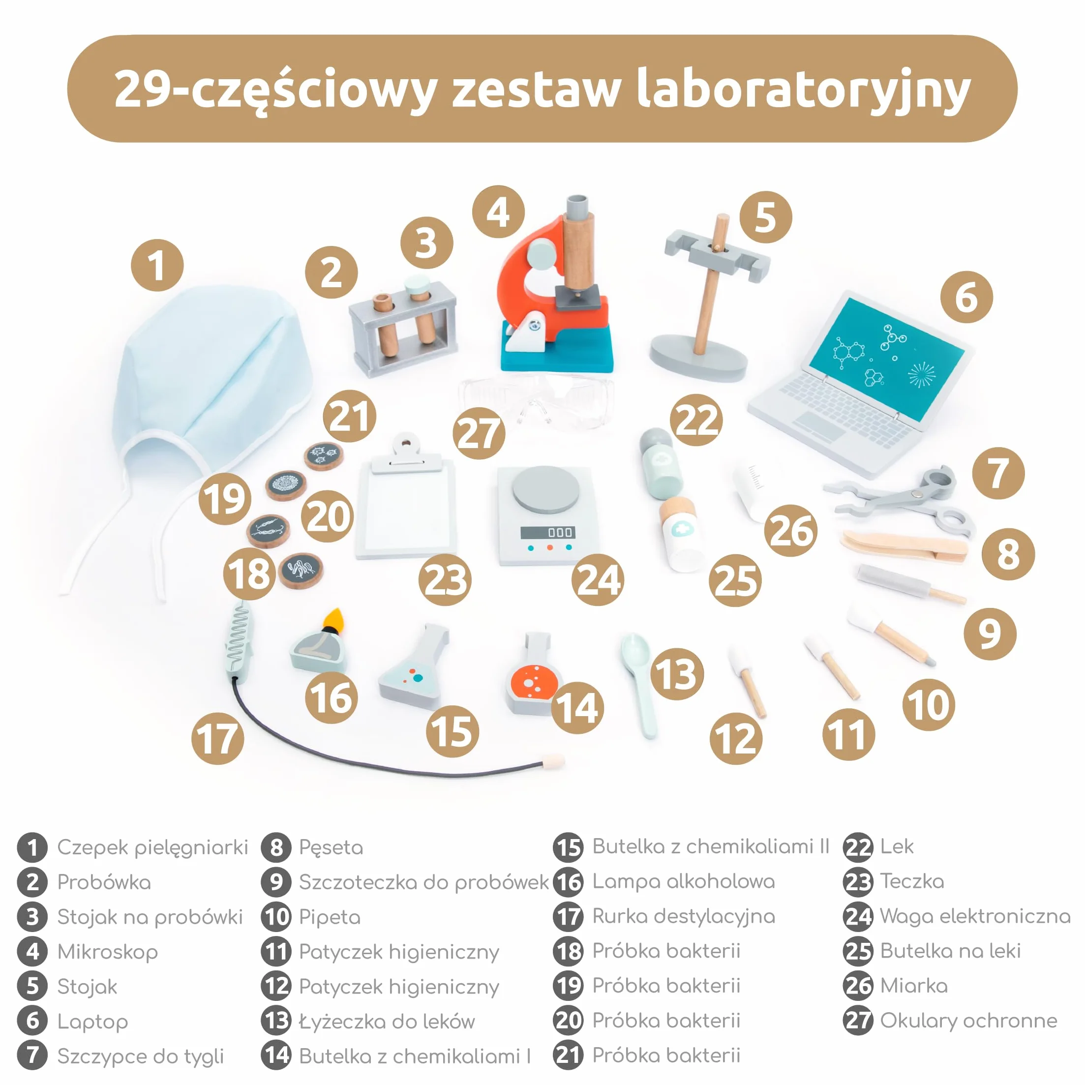 UMU® Drewniane laboratorium naukowe dla dzieci, zestaw do zabawy z mikroskopem, probówkami i innymi, zabawka lekarska do odgrywania ról, zestaw 29 szt. dla dziewczynek i chłopców w wieku 3, 4, 5 lat
