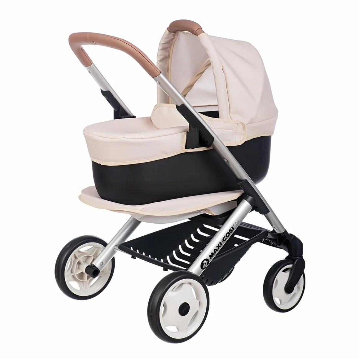Smoby - Maxi-Cosi - Beżowy wózek spacerowy i głęboki - Dla lalek do 42 cm - 3 w 1 - Imitacja zabawki - Ciche i wielokierunkowe koła - Duży kosz do przechowywania - Od 3 lat - Wyprodukowano w Hiszpanii