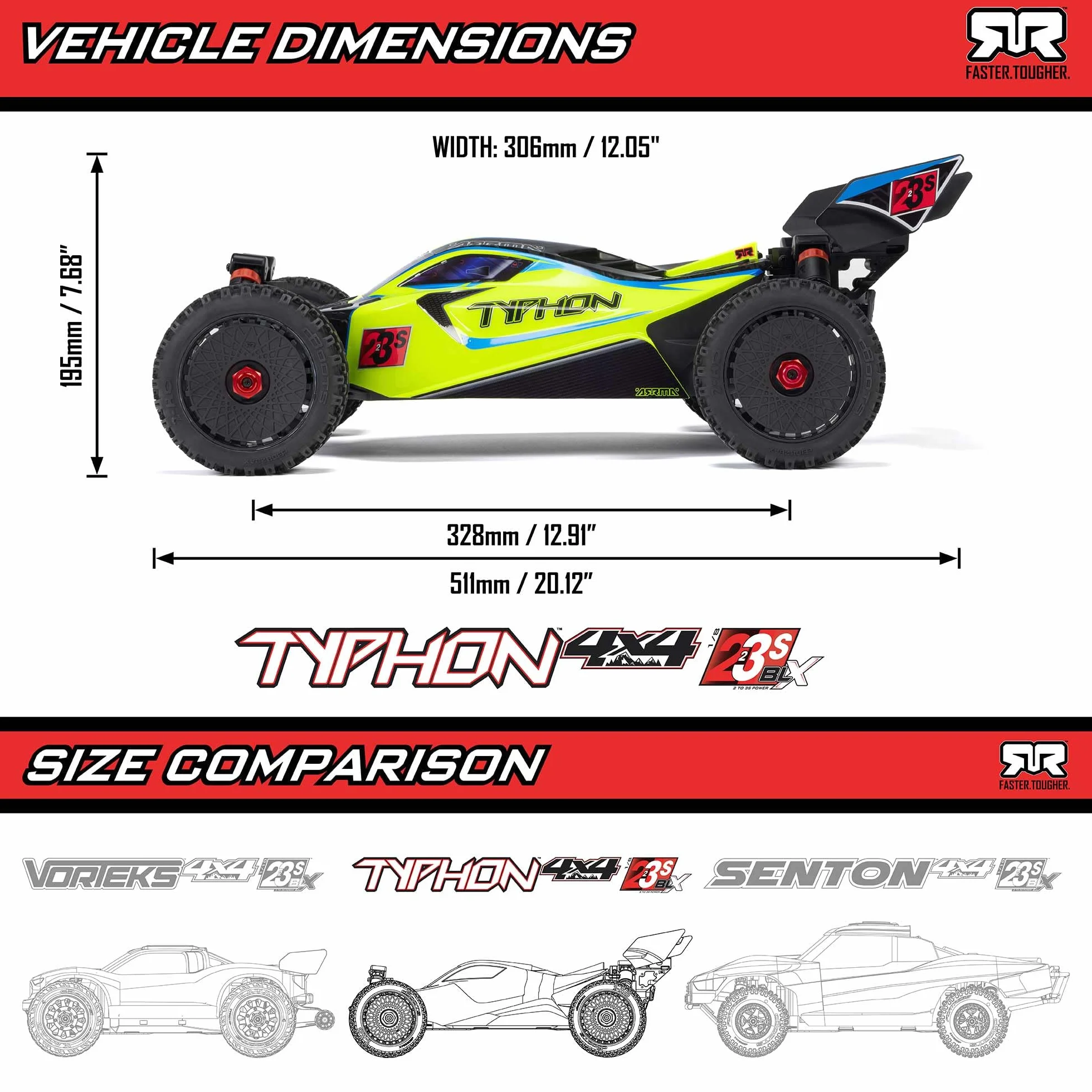 ARRMA RC Car 1/8 Typhon 4X4 223S BLX BRUSHLESS Buggy RTR (bateria i ładowarka nie są dołączone) z DSC RED/Blue, ARA4306V4T3