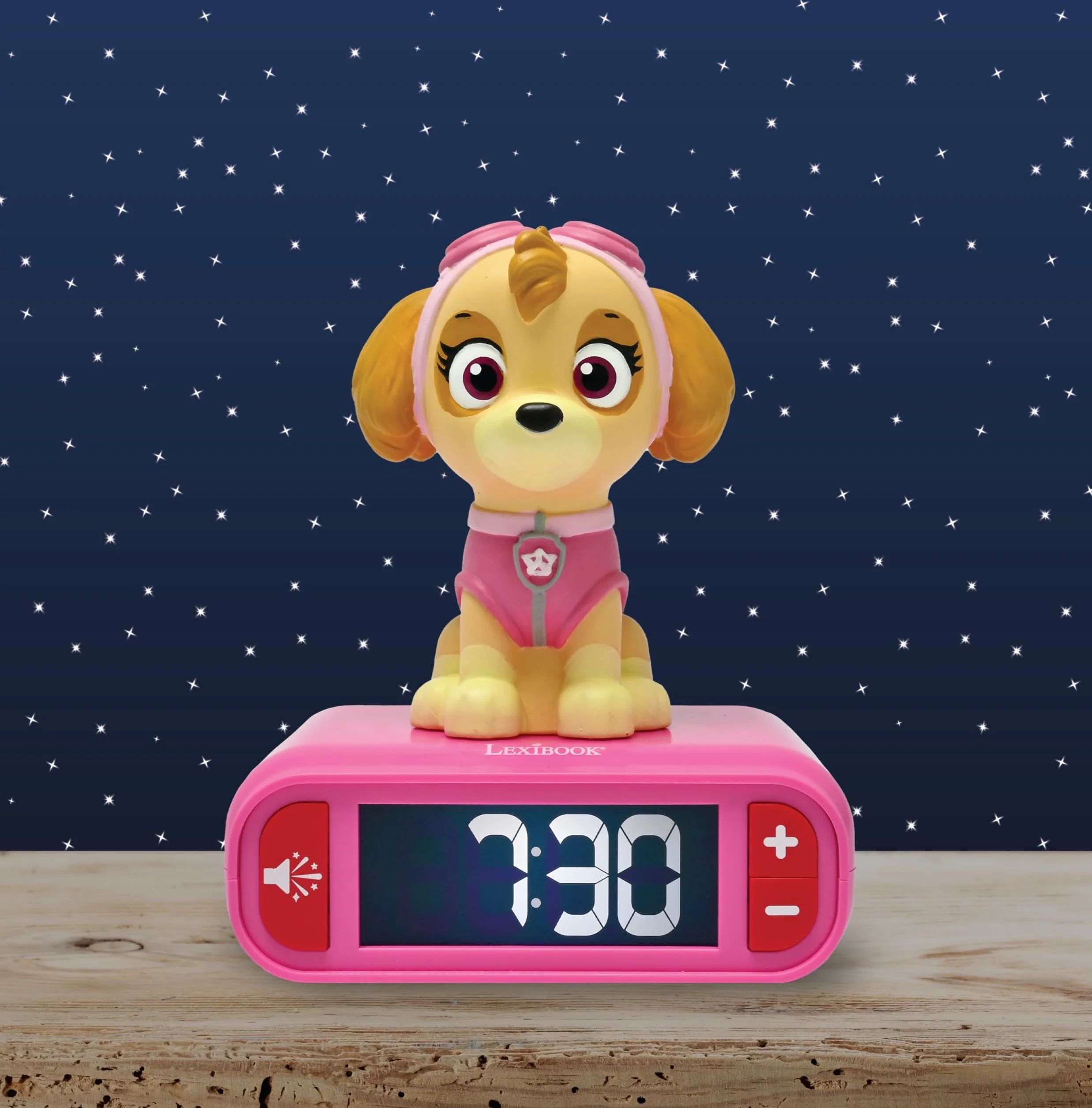 Lexibook PAW Patrol budzik nocny z dźwiękami i melodiami, podświetlany ekran LCD, różowy