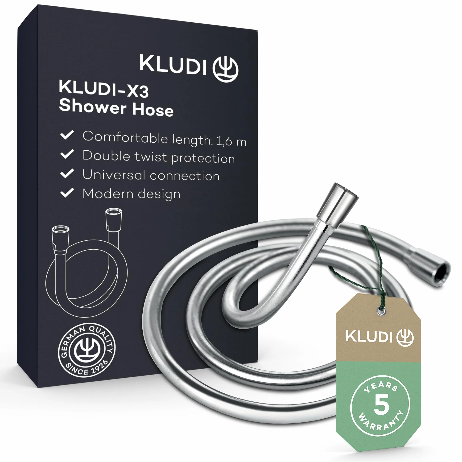 KLUDI -X3 uniwersalny wąż prysznicowy 1,60 m z łatwego w czyszczeniu tworzywa sztucznego, elastyczny wąż prysznicowy z podwójną ochroną przed przekręceniem, odporny na zginanie, standardowe złącze,