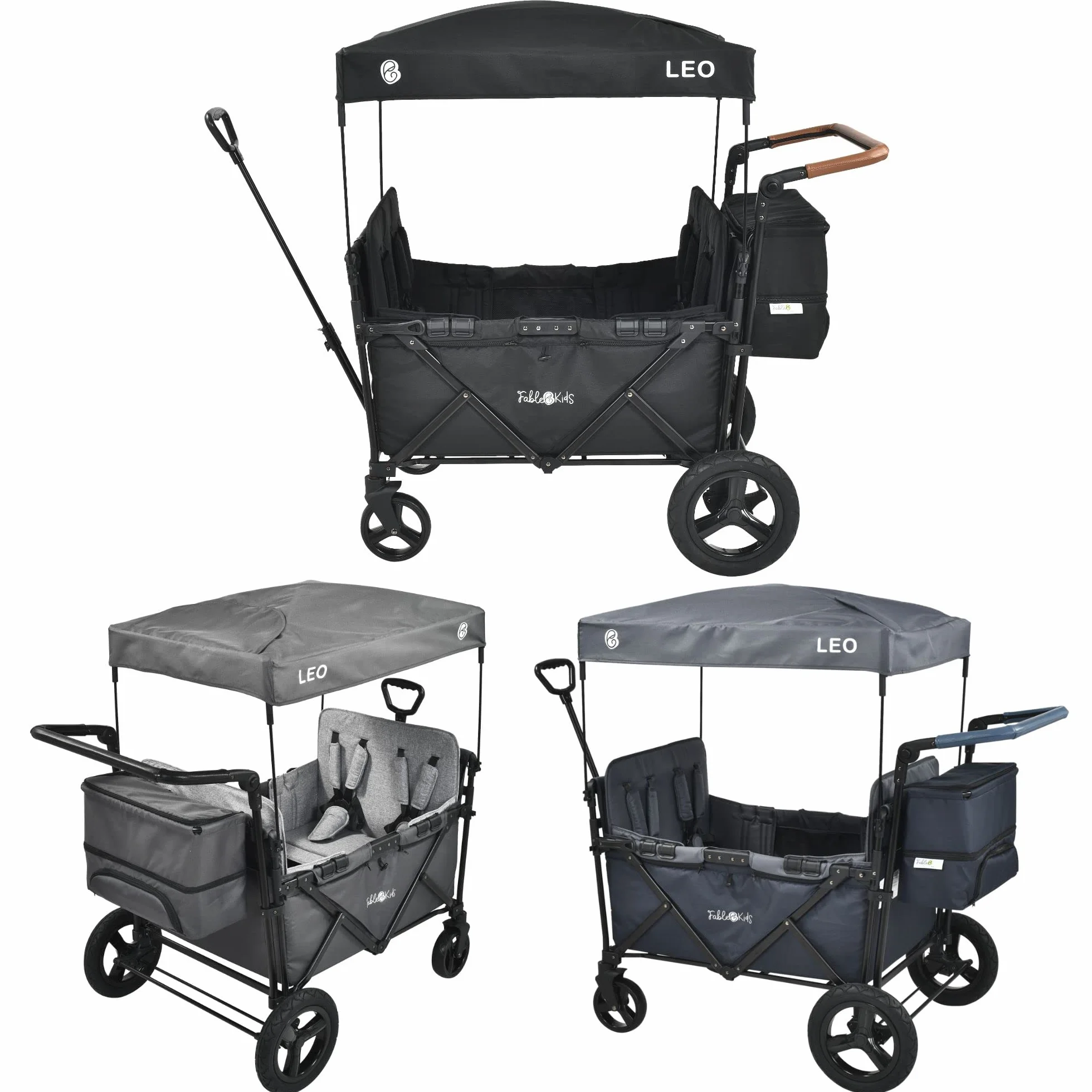 FableKids Leo X4 Plus Wózek na kółkach z dachem | Składany wózek transportowy | Uprząż 4X 5-punktowa | Koła terenowe 360° | Hamulec nożny | Oksford 600D | Siatki wentylacyjne | Czarny onyks