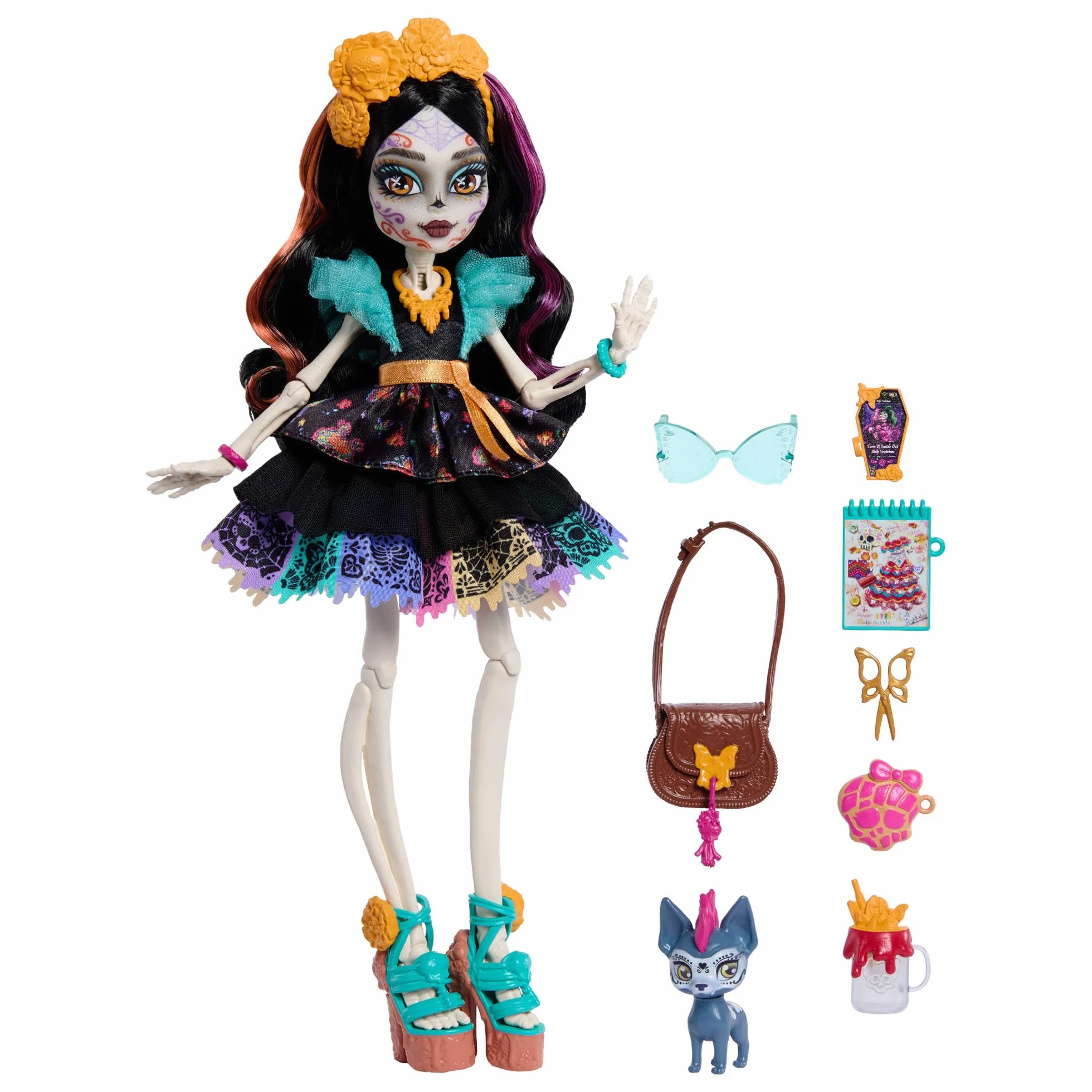 Monster High Skelita Calaveras Lalka + akcesoria, kolorowa sukienka inspirowana papel picado, piesek Candelita, 7 akcesoriów, w tym szkicownik, „przekąska” i torebka, zabawka dla dzieci 4+, JHK34