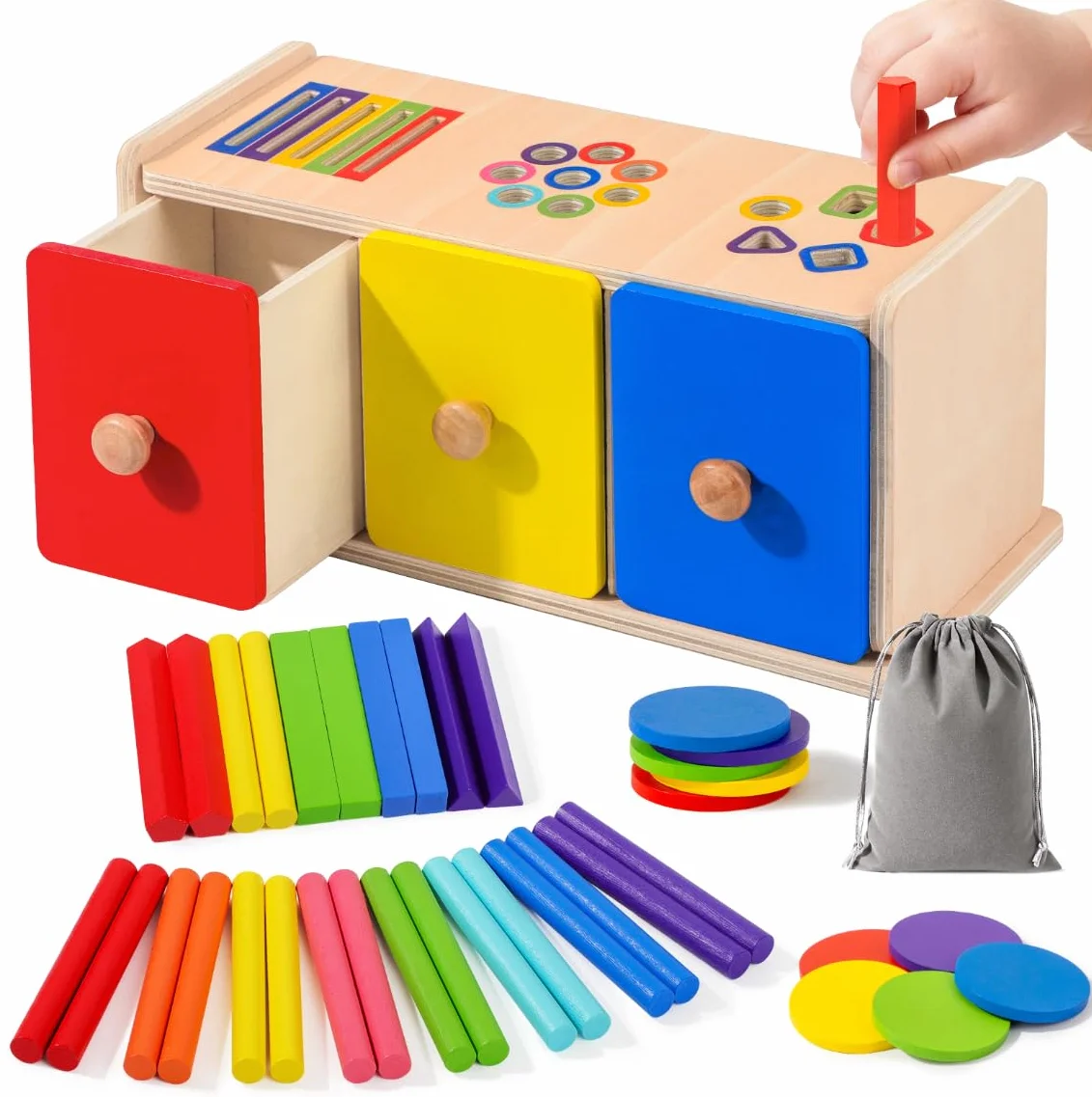 Zabawki dla dzieci 1 2 3 lata, 3 w 1 drewniane zabawki Montessori 1-3 lata gra sortowania według koloru i kształtu, Montessori Gry edukacyjne Nauka sensoryczna Prezenty dla chłopców dziewcząt
