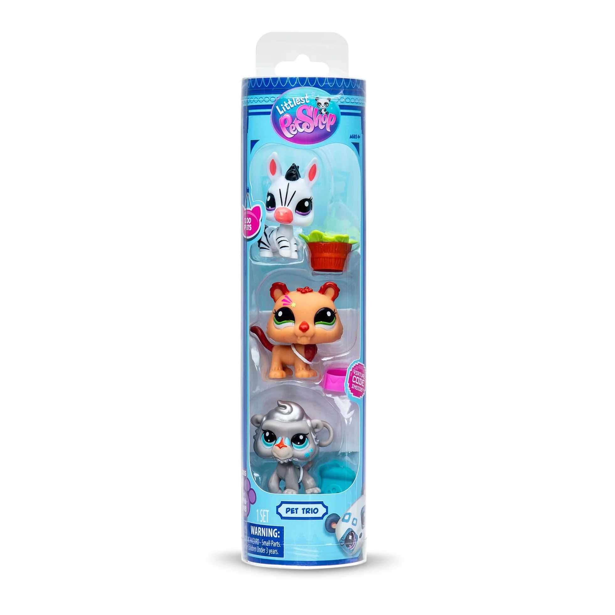 BANDAI Littlest Pet Shop Pack 3 Zoo Pets BF00597 Zestaw 3 Zwierząt, Akcesoria, Karta kolekcjonerska i wirtualny kod, Generacja 7, Zwierzęta #96, #97, #98, Dzieci w wieku 4 lat +