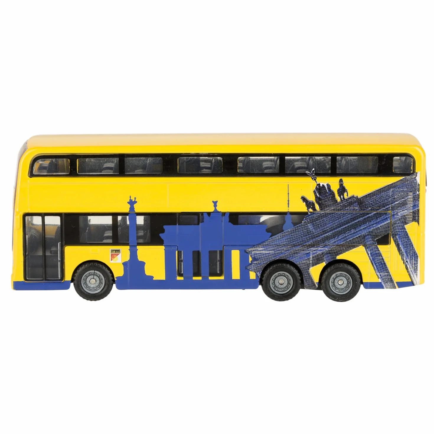 Idena 40107 model autobusu berlińskiego dwupokładowego z silnikiem cofania 18,5x13,5x4,5 cm żółty zabawka pamiątka kolekcjonerski