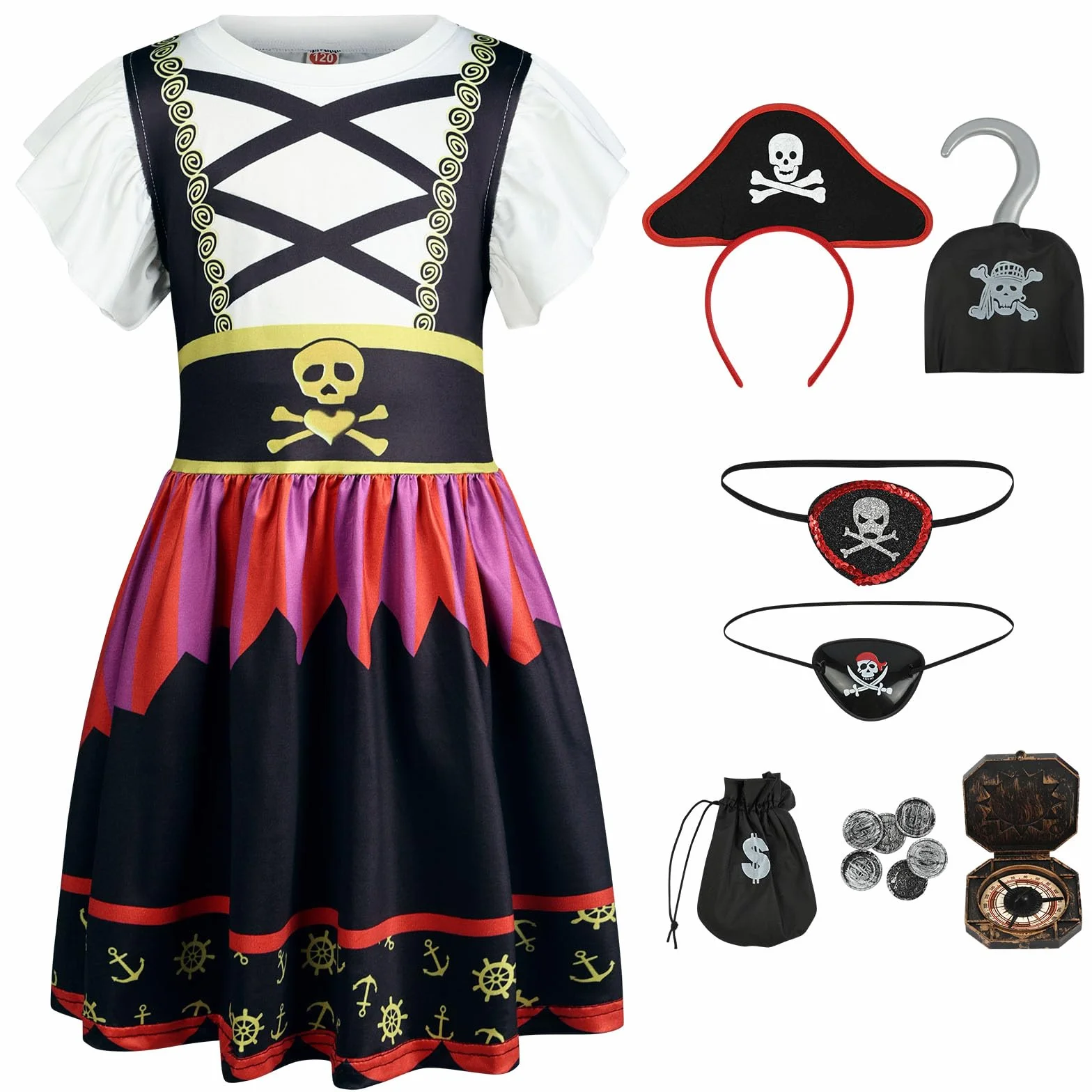 AUYAO Kostium piratów dla dzieci, 7 szt. Zestaw kostiumów piratów z sukienką, kapeluszem i naszywką na oko, zestaw dla dziewczynki Buccaneer, kostium na Halloween dla dziewczynek na karnawał, imprezę