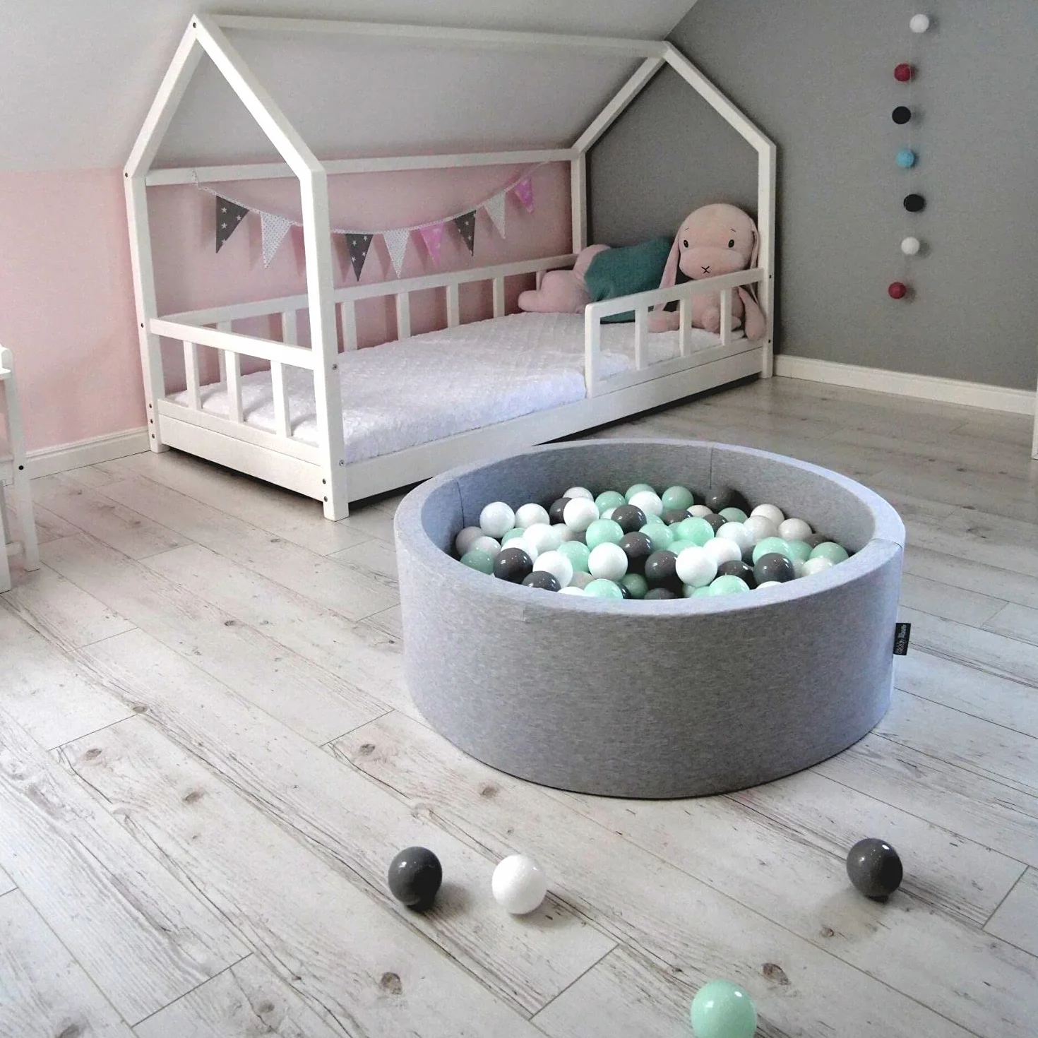 KiddyMoon Suchy Basen 90X30cm/300Piłek ∅ 7Cm, Okrągły Miękki Basen Dla Dzieci Z Kolorowymi Kulkami, Jasnoszary: Biały-Szary-Mięta