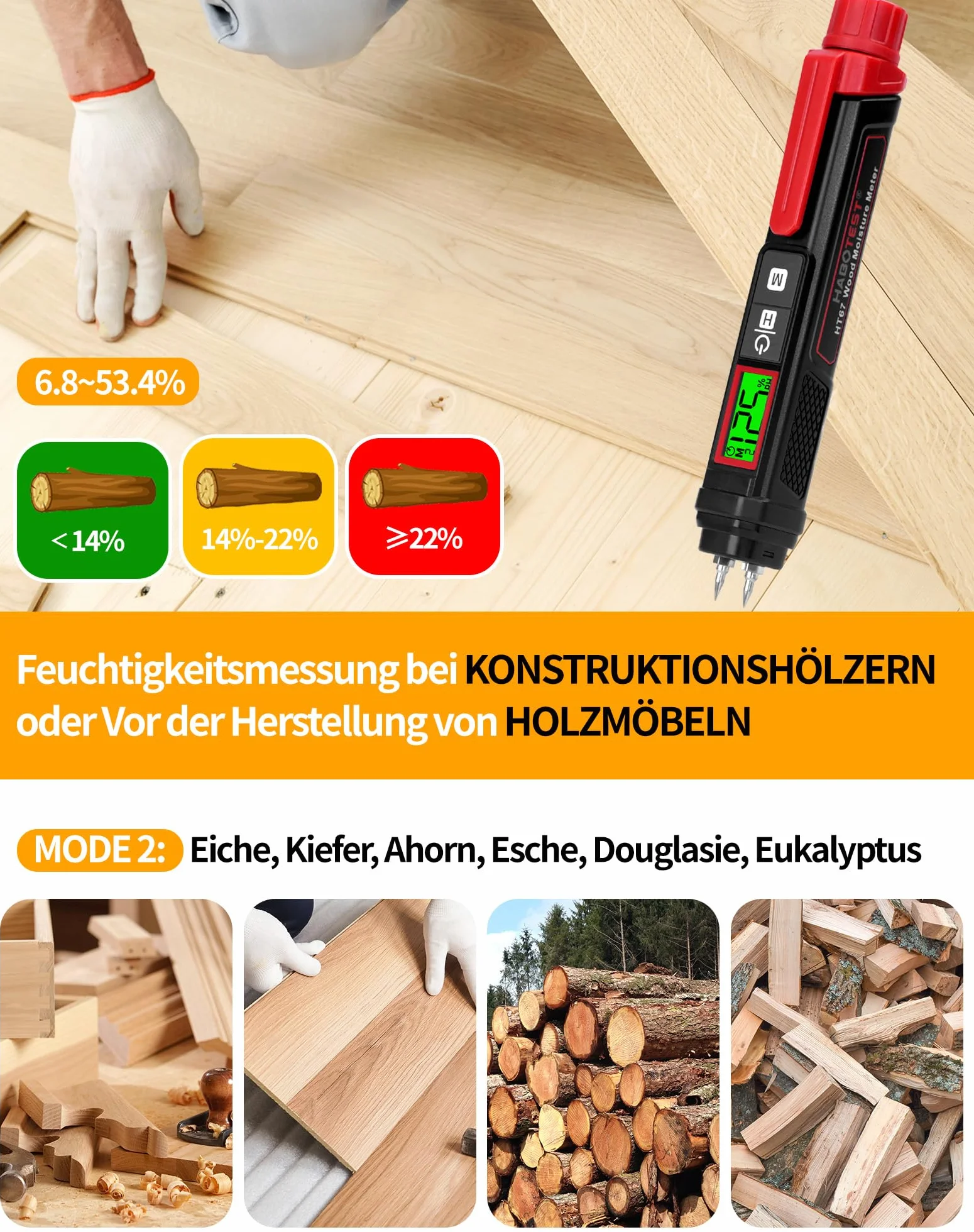 LAOYE Miernik wilgotności drewna, przenośny, wilgotnościomierz, z 7 skalami kalibracyjnymi, 3-kolorowy wyświetlacz LCD, do drewna, drewna opałowego, ścian, materiałów budowlanych