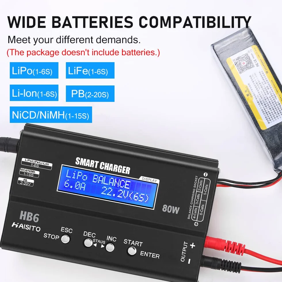 Haisito Lipo ładowarka wyważająca 80W 6A do akumulatorów LiPo/Li-ION/LiFe (1-6S) i NiMH/NiCd (1-15S), ładowarka RC z wyświetlaczem LED, zasilaczem i adapterami XT60/Deans/JST/Futaba