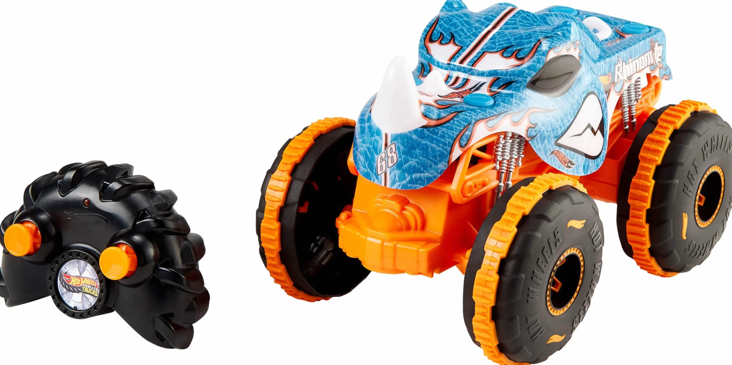 Hot Wheels Monster Trucks RC Rhinomite Pojazd zdalnie sterowany w skali 1:24, terenowy samochód RC do jazdy po różnych powierzchniach dzięki oponom Grip Action, JBK11