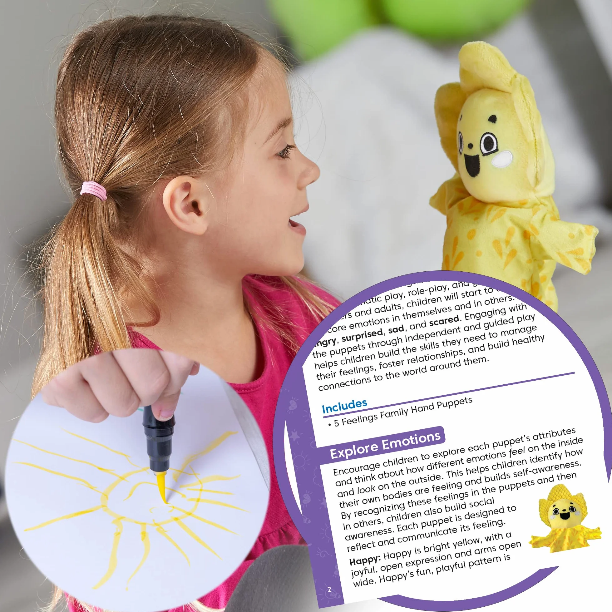 Learning Resources Zestaw Pacynek Feelings Family, Pacynki dla dzieci, Nauka o uczuciach, 5 pacynek wyrażających emocje, Radość, Smutek, Zaskoczenie, Złość i Strach
