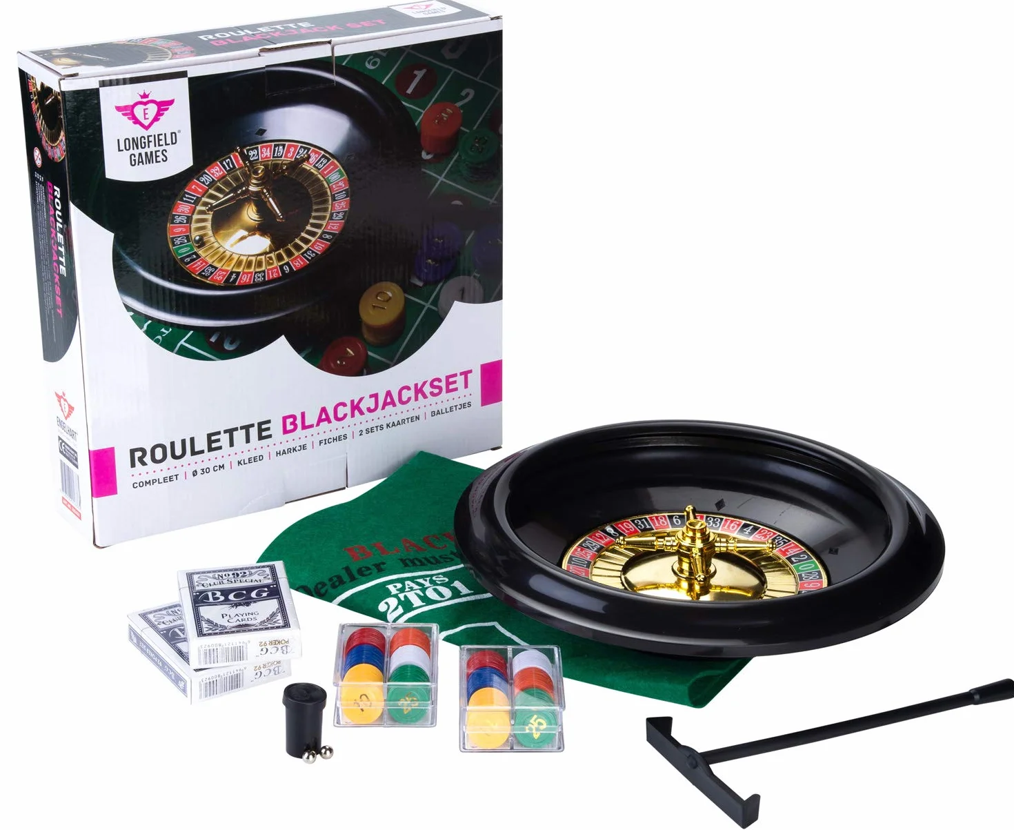 Engelhart – 320403 – Zestaw do ruletki amerykańskiej i blackjacka – dwustronna mata – żetony, karty i grabki krupiera – ruletka 30 cm, mata 60 x 45 cm
