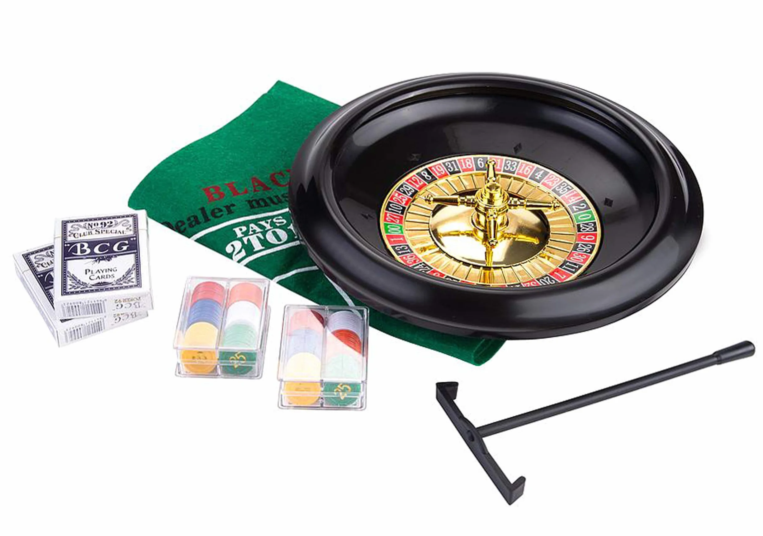 Engelhart – 320403 – Zestaw do ruletki amerykańskiej i blackjacka – dwustronna mata – żetony, karty i grabki krupiera – ruletka 30 cm, mata 60 x 45 cm