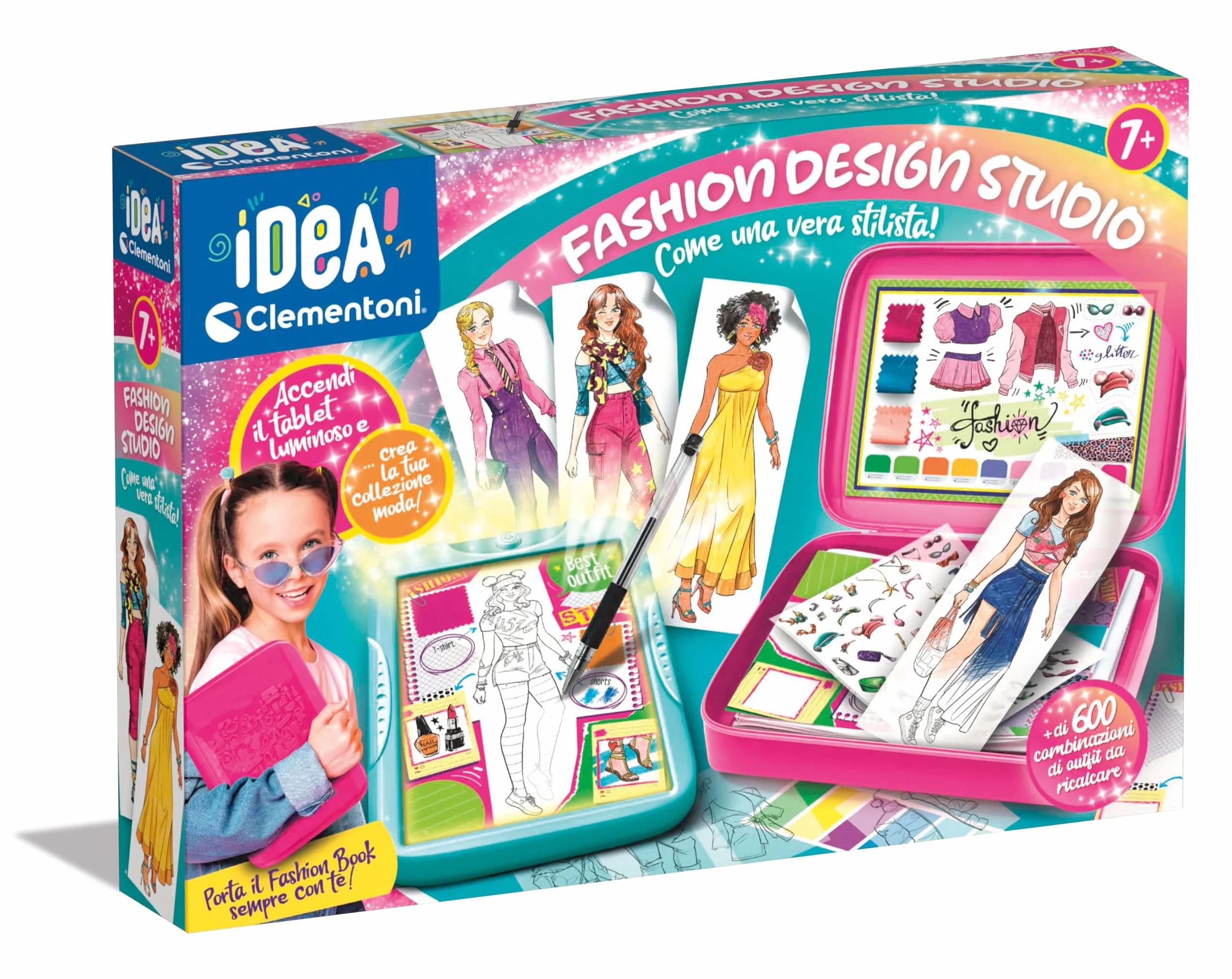 Clementoni Idea-Fashion Designer, jasna tablica, zestaw odzieży, kreatywna gra dla dziewczynki 6 lat, wielokolorowy, składany stojak, lekki top, wzory, długopis