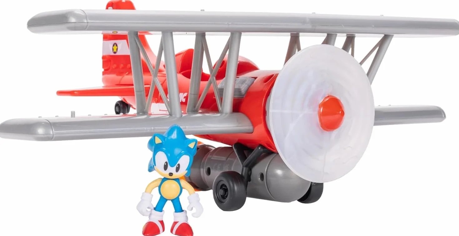 Sonic The Hedgehog Zestaw do zabawy dwupłatowcem Tornado firmy JAKKS Pacific, zawiera 6 cm soniczną figurkę, obracające się śmigło, świecący płomień, 6 efektów dźwiękowych, dynamiczna gra oparta na