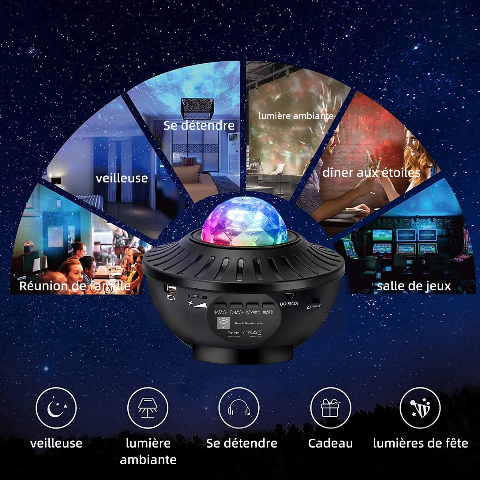 Projektor gwiaździste niebo, reflektor sufitowy LED, lampa sufitowa z projektorem wec, lampka nocna z projekcją gwiazd z pilotem. (czarny-01)