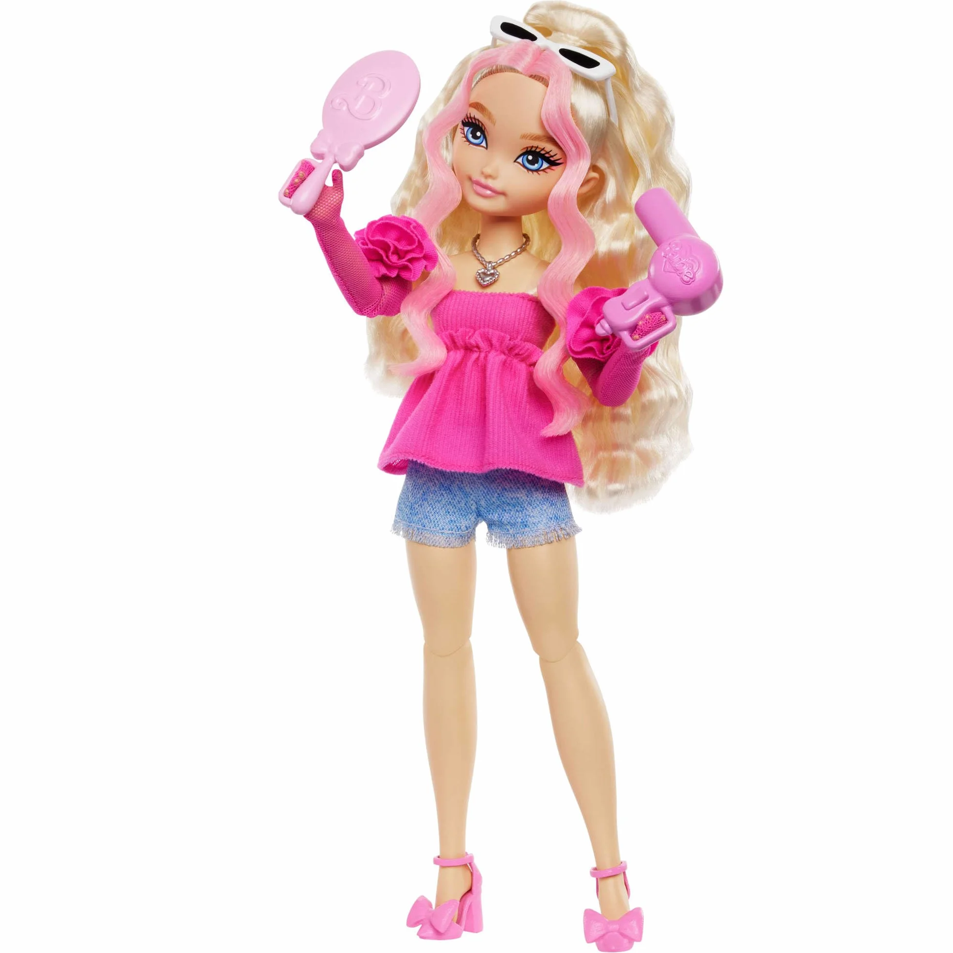 Barbie Dream Besties Lalka modowa „Malibu” do ustawiania w różnych pozach z falowanymi blond włosami i 8 akcesoriami urodowymi, HYC21