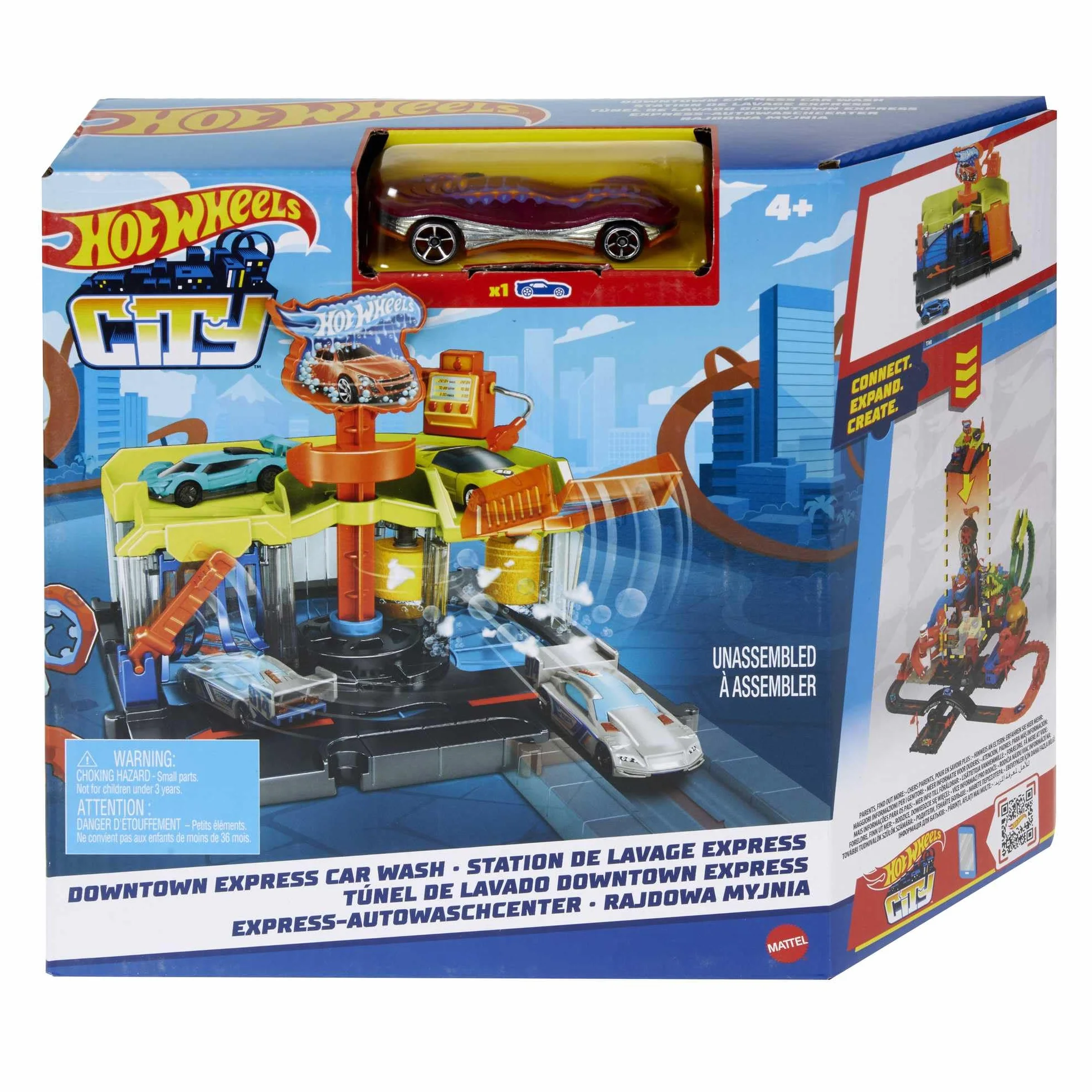 Hot Wheels City zestaw zabawkowy Downtown Express, zestaw do mycia samochodu z pojazdem w skali 1:64, wałek piankowy i klapy suszące, HDR27