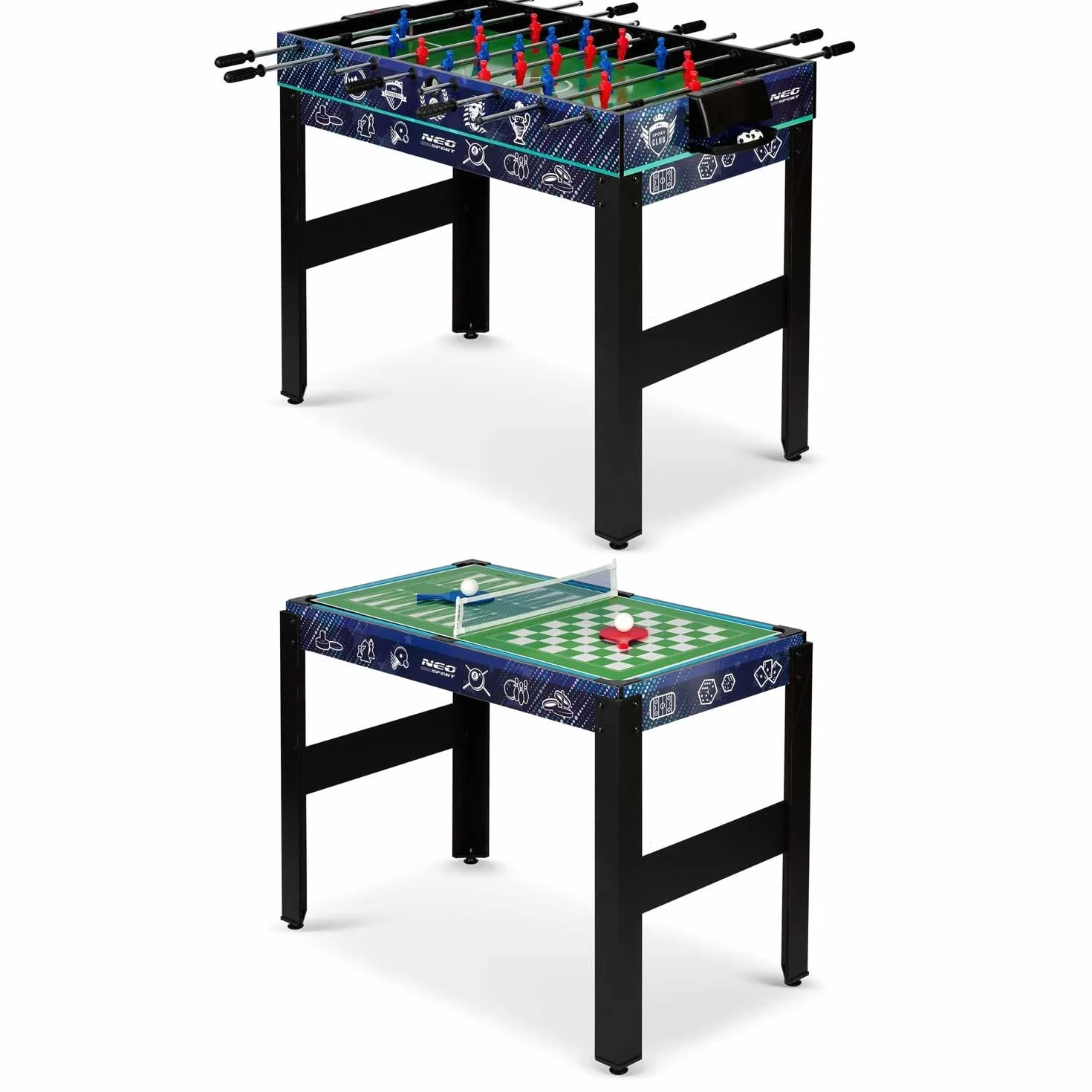 Multi stół do gier 12w1, piłkarzyki, ping-pong, cymbergaj, bilard, warcaby, kręgle, szachy, karty, 106 x 59 x 90 cm, Neo-Sport