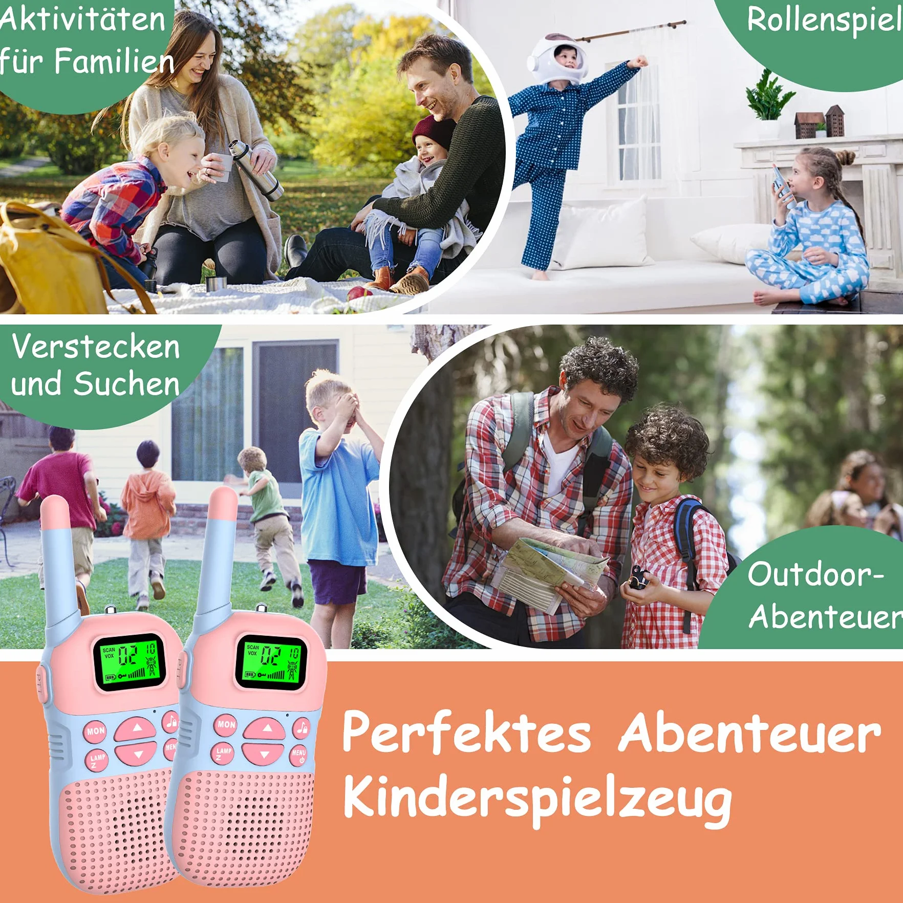 Kidsfun 2×Walkie Talkie dla Dzieci, USB Ładowanie Zabawka na Zewnątrz Walkie Talkie z Latarką, Prezent dla Chłopców i Dziewcząt od 3 Lat, Zasięg 3 Mile na Zakupy, na Zewnątrz, Camping