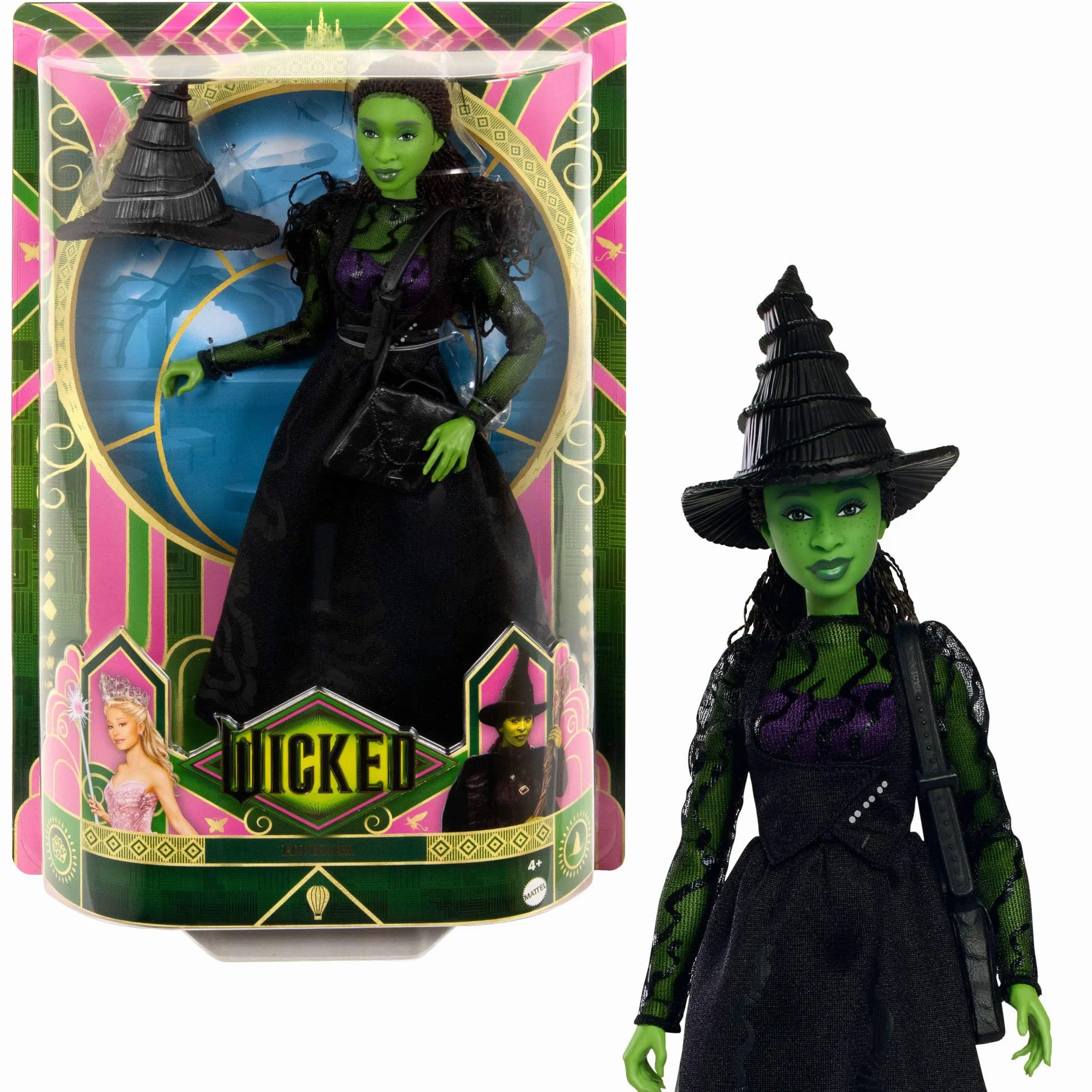 Mattel Universal Wicked Elfaba Lalka modowa do ustawiania w różnych pozach z zieloną skórą, czarnymi warkoczykami i zdejmowaną kreacją oraz akcesoria, HXT62