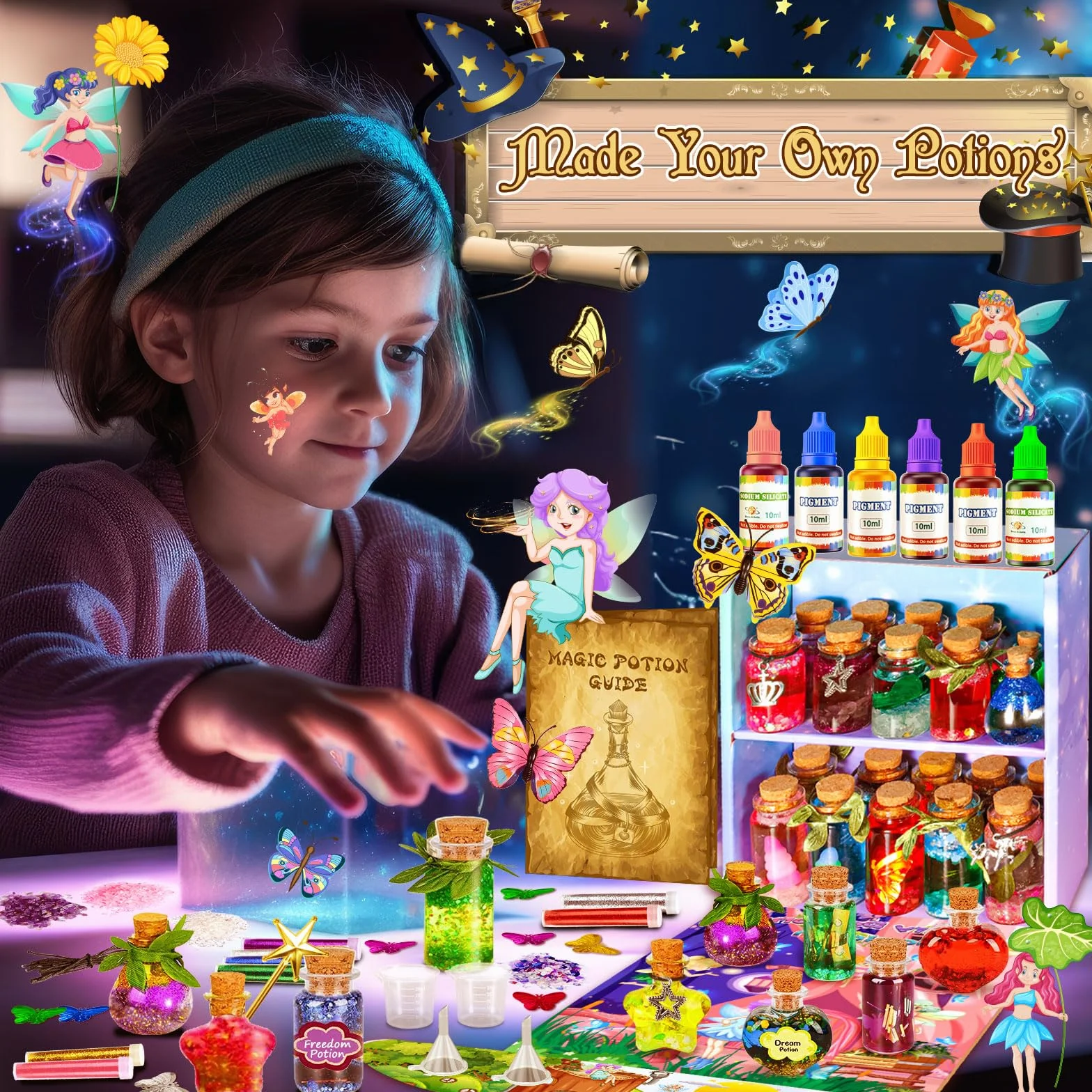 MULEVIP Zestaw magicznych mikstur dla dzieci, zestawy wróżkowych mikstur z 24 magicznymi butelkami, kryształy energii, motyle, zawieszka, magiczna mikstura Kreatywne prezenty DIY dla dziewczynek