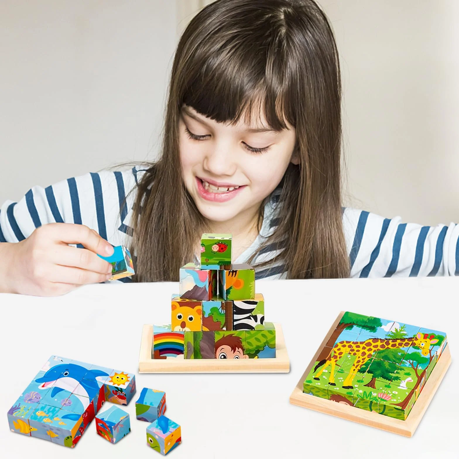 Montessori puzzle drewniane 3D 6 w 1 edukacyjna zabawka dla dzieci od 1 lat