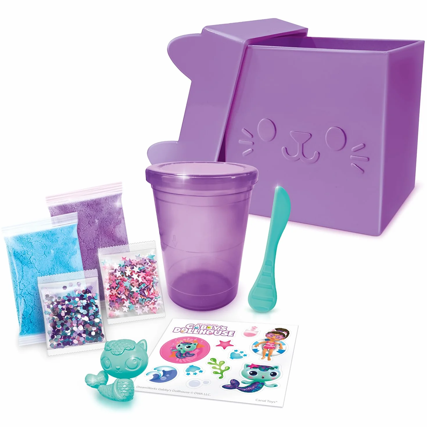 Canal Toys - Dom dla lalek Gabby - Pudełko Slime z niespodziankami od Gabby - Zestaw z 2 Slimami, naklejkami, figurką i niespodziankami - Dobry prezent lub niespodzianka - Gabby's Dollhouse Mystery