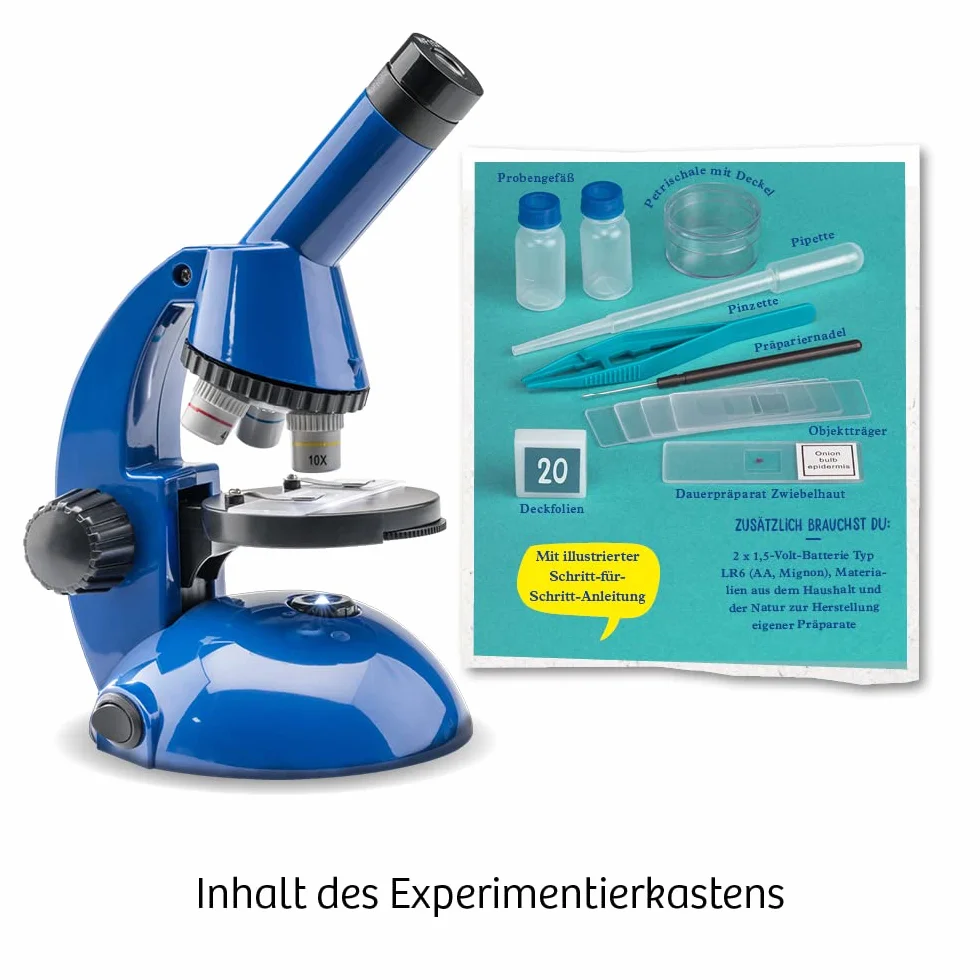KOSMOS 616984 Entdecker-Mikroskop, Präparate vergrößern und Naturwissenschaften entdecken, Experimentierkasten mit mehrsprachiger Anleitung (DE, EN, FR, IT, ES, NL), ab 8 Jahren, MINT Spielzeug