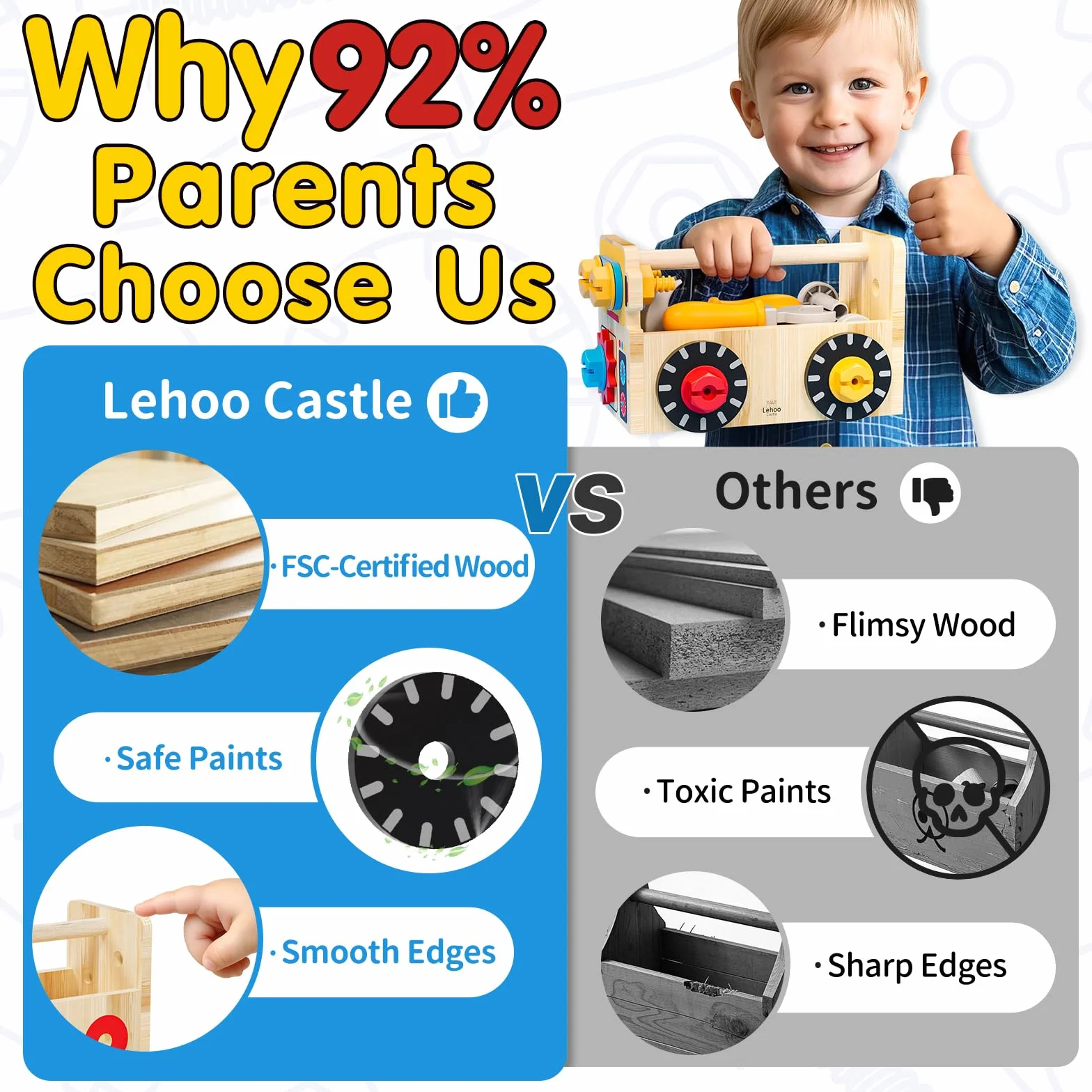 Lehoo Castle Drewniany zestaw narzędzi dla dzieci, 29 szt., drewniane zabawki Montessori dla 2-, 3-, 4 lat, edukacyjne odgrywanie ról, zabawki budowlane, skrzynka narzędziowa, ławka dla małych