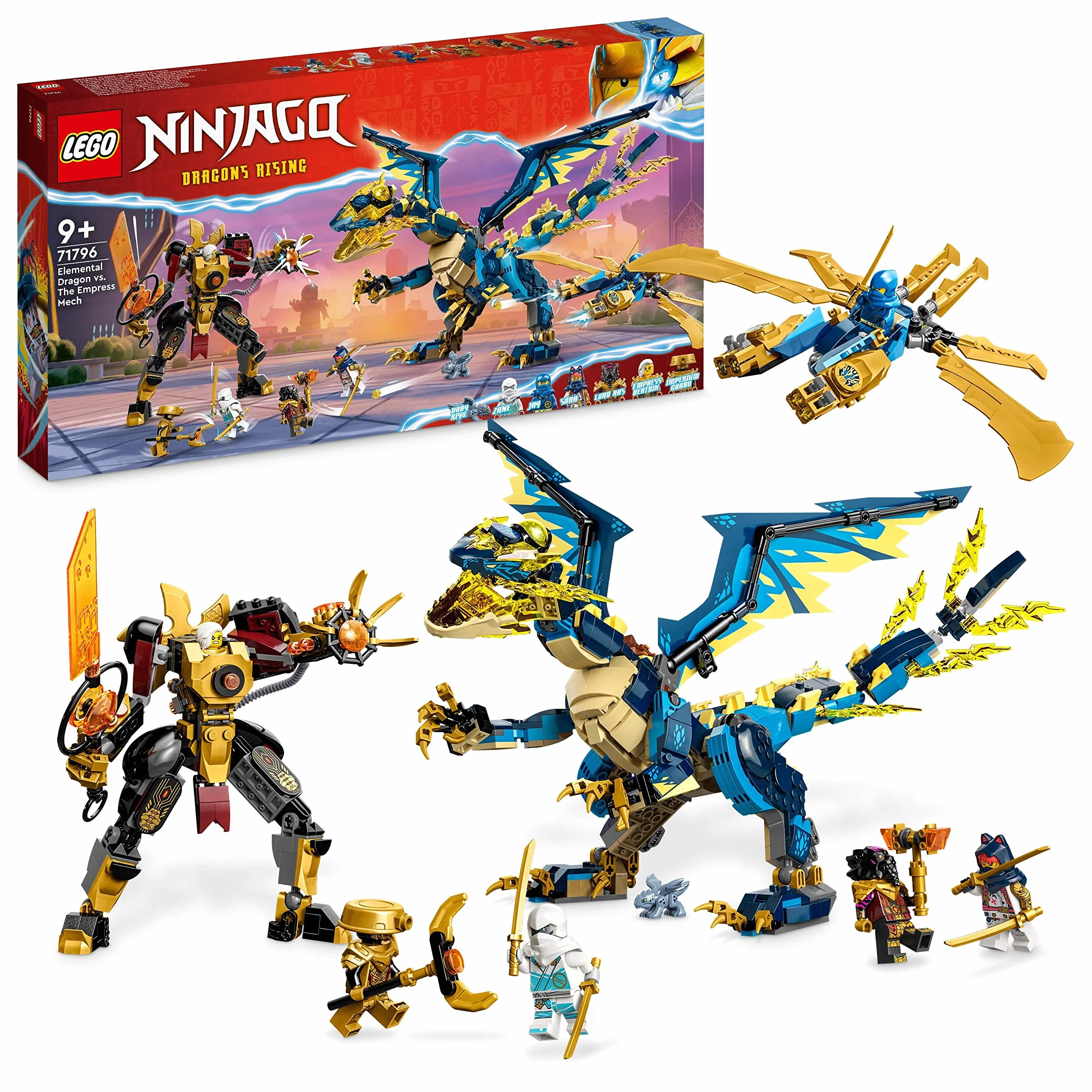 LEGO NINJAGO Smok żywiołu kontra mech cesarzowej, duży zestaw, smok zabawka dla dziecka z figurką akcji, szybowcem ninja i 6 minifigurkami, Dragons Rising, prezent dla chłopca i dziewczynki, 71796