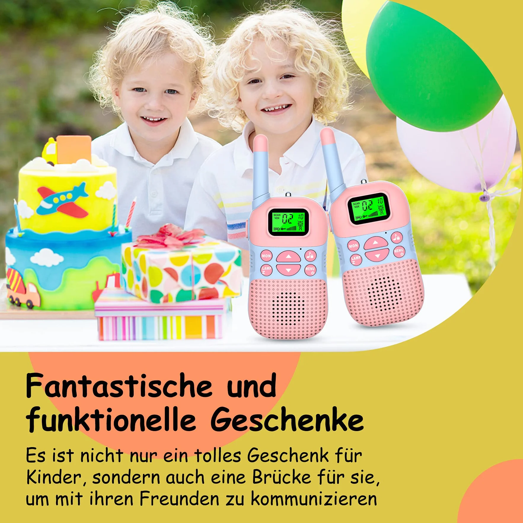 Kidsfun 2×Walkie Talkie dla Dzieci, USB Ładowanie Zabawka na Zewnątrz Walkie Talkie z Latarką, Prezent dla Chłopców i Dziewcząt od 3 Lat, Zasięg 3 Mile na Zakupy, na Zewnątrz, Camping