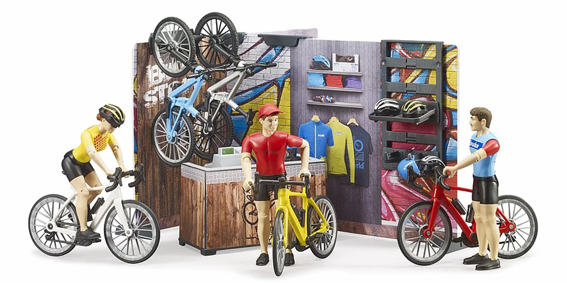 bruder 63120 - sklep rowerowy bworld z rowerami wyścigowymi, rowerami górskimi, warsztatem, sprzętem, narzędziami, ladą sprzedażową