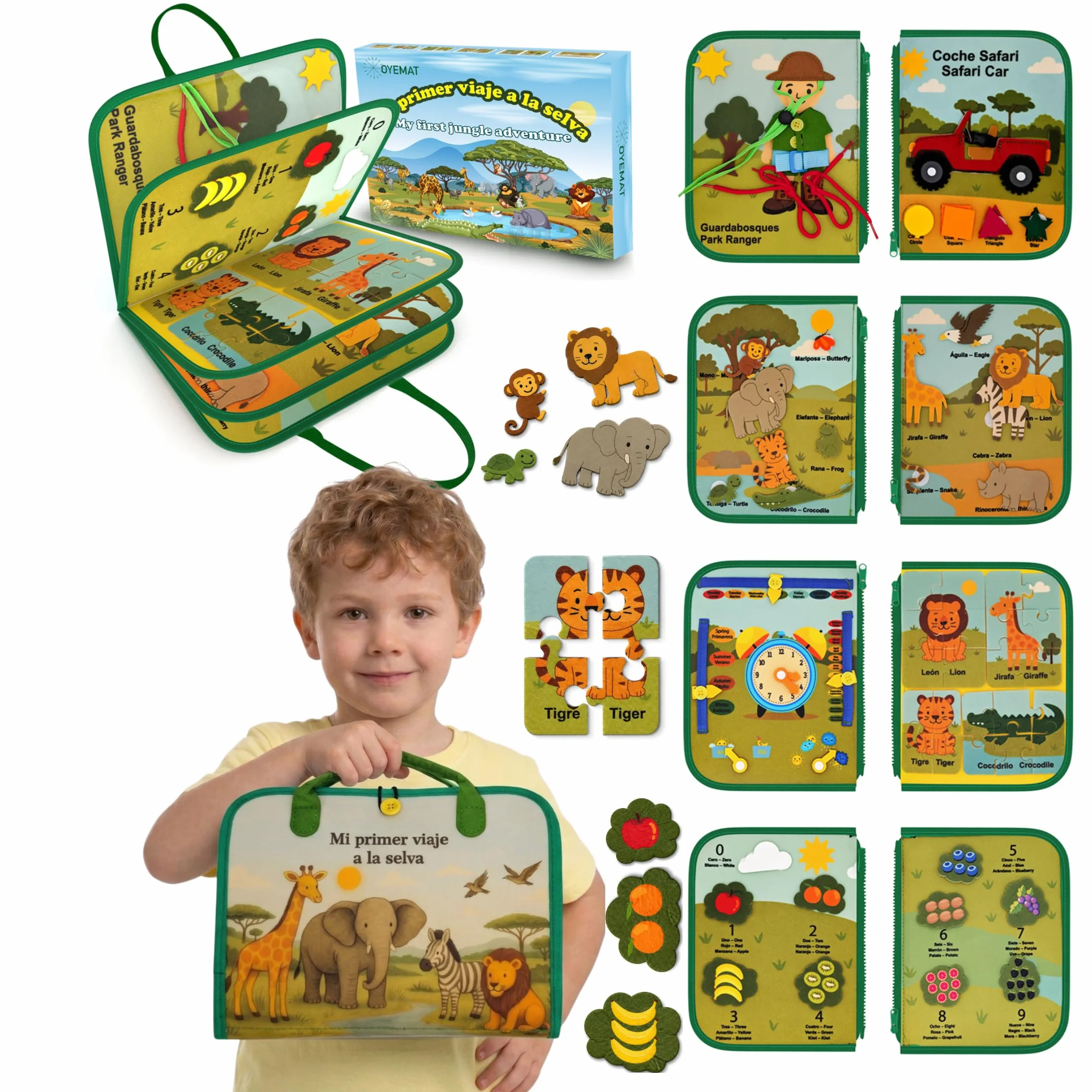 Busy Board Montessori Dwujęzyczne zwierzęta z dżungli hiszpański/angielski - zabawka sensoryczna dla niemowląt - Książka Montessori 3 lata filcu- Edukacyjna tablica Montessori z drobną motoryką